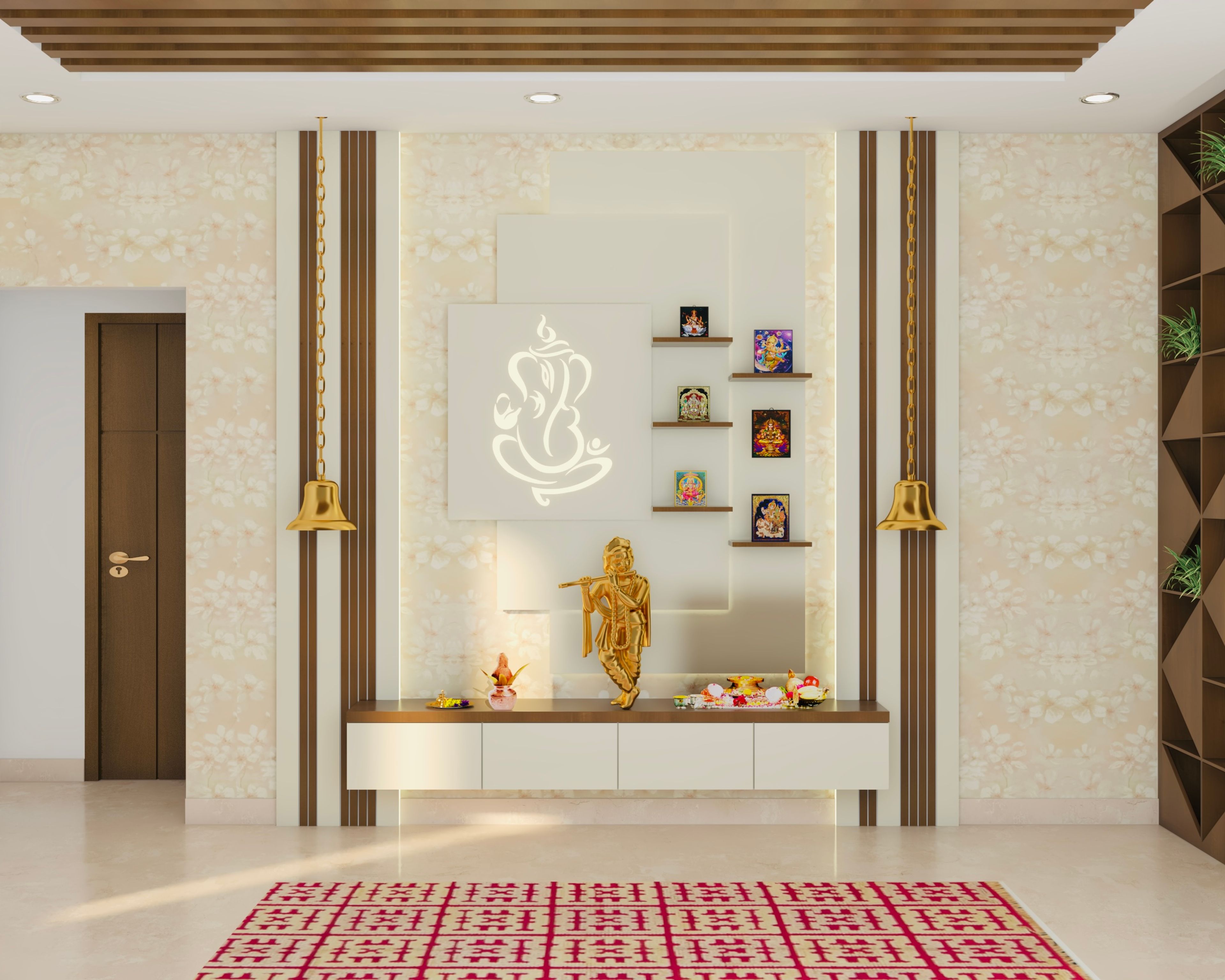 Contemporary Pooja Room Design With Wall-Mounted White Console And Beige Wallpaper