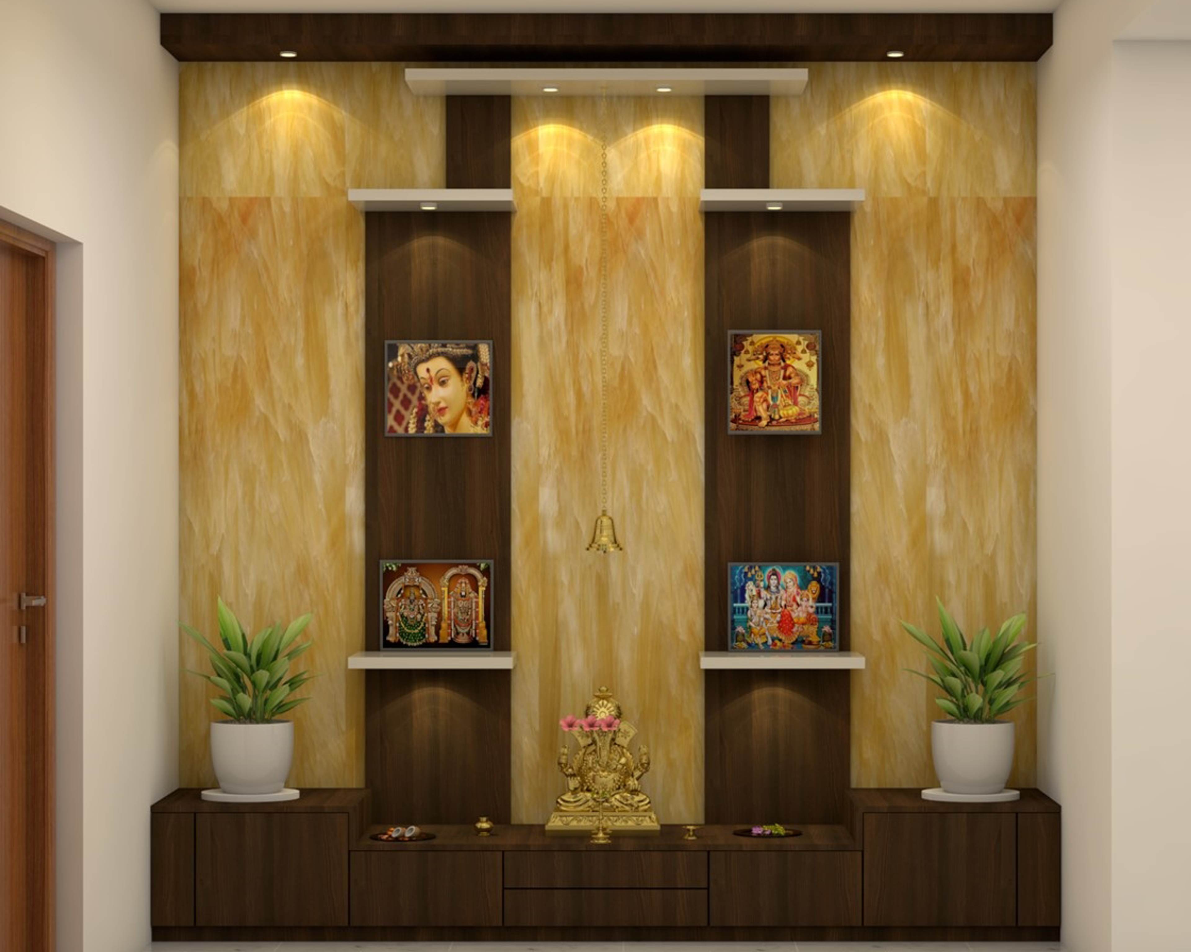 Spacious Pooja Room Design With Storage Drawers