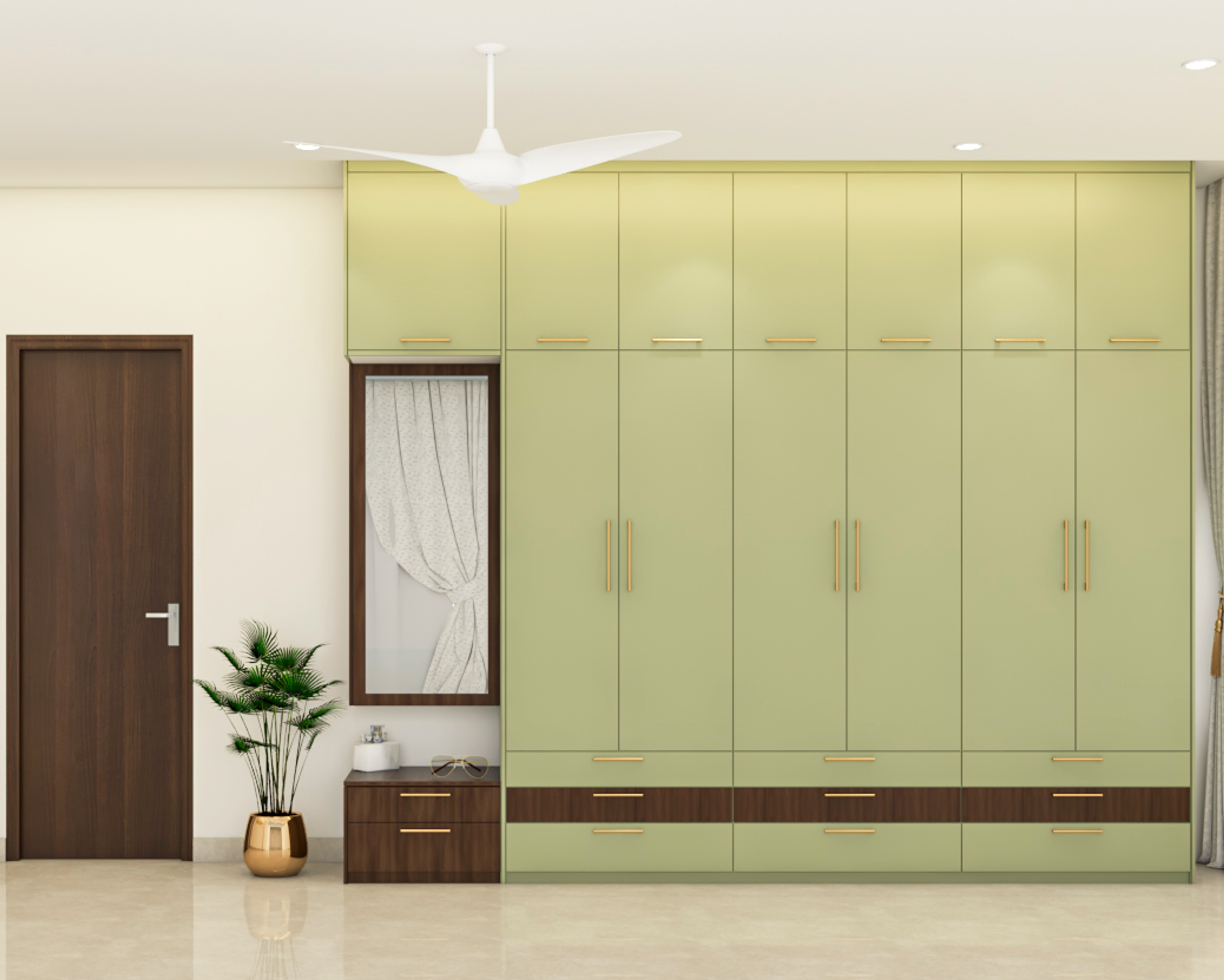 Contemporary Green Wardrobe Design With Loft And Drawers