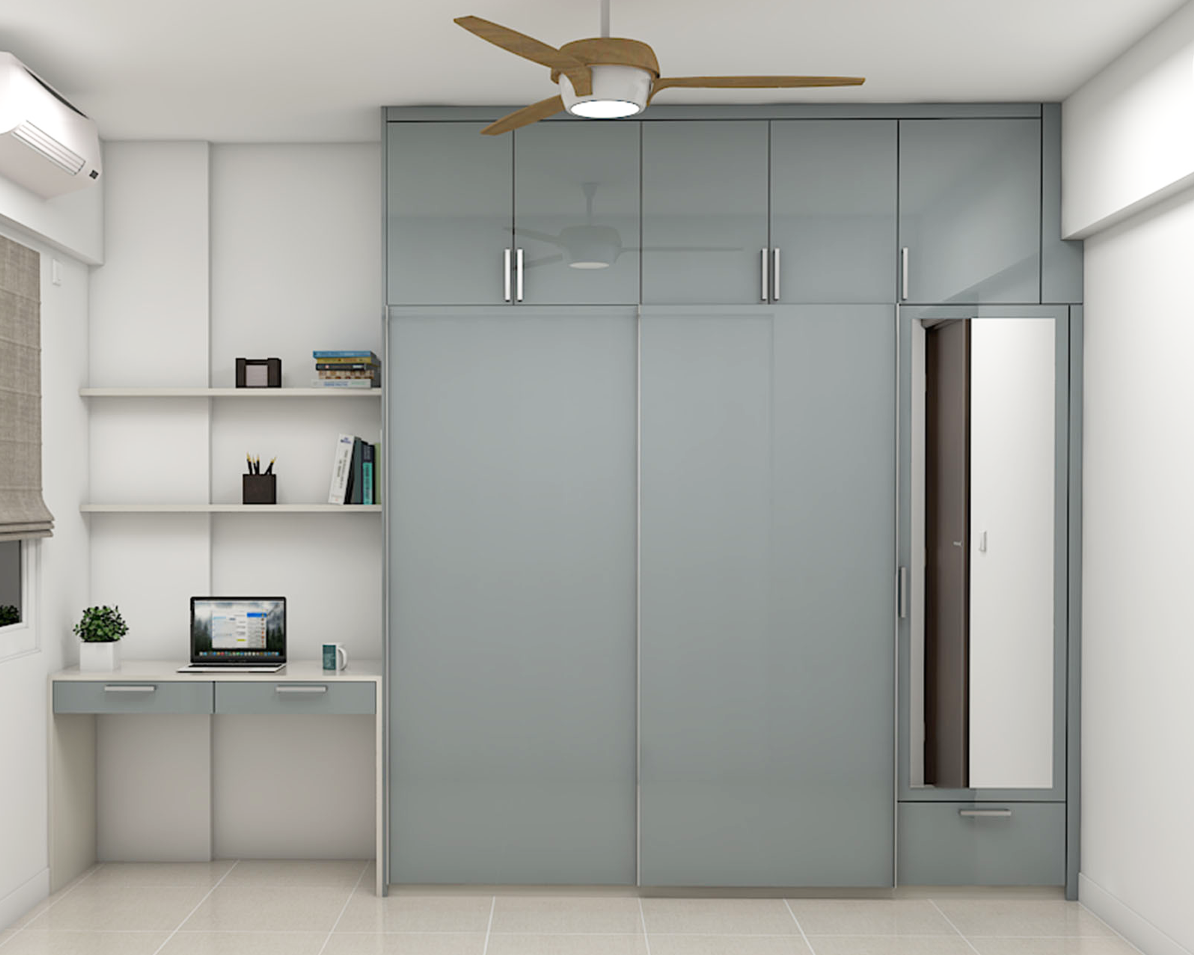 Grey Sliding Door Wardrobe Design With Loft And Drawers