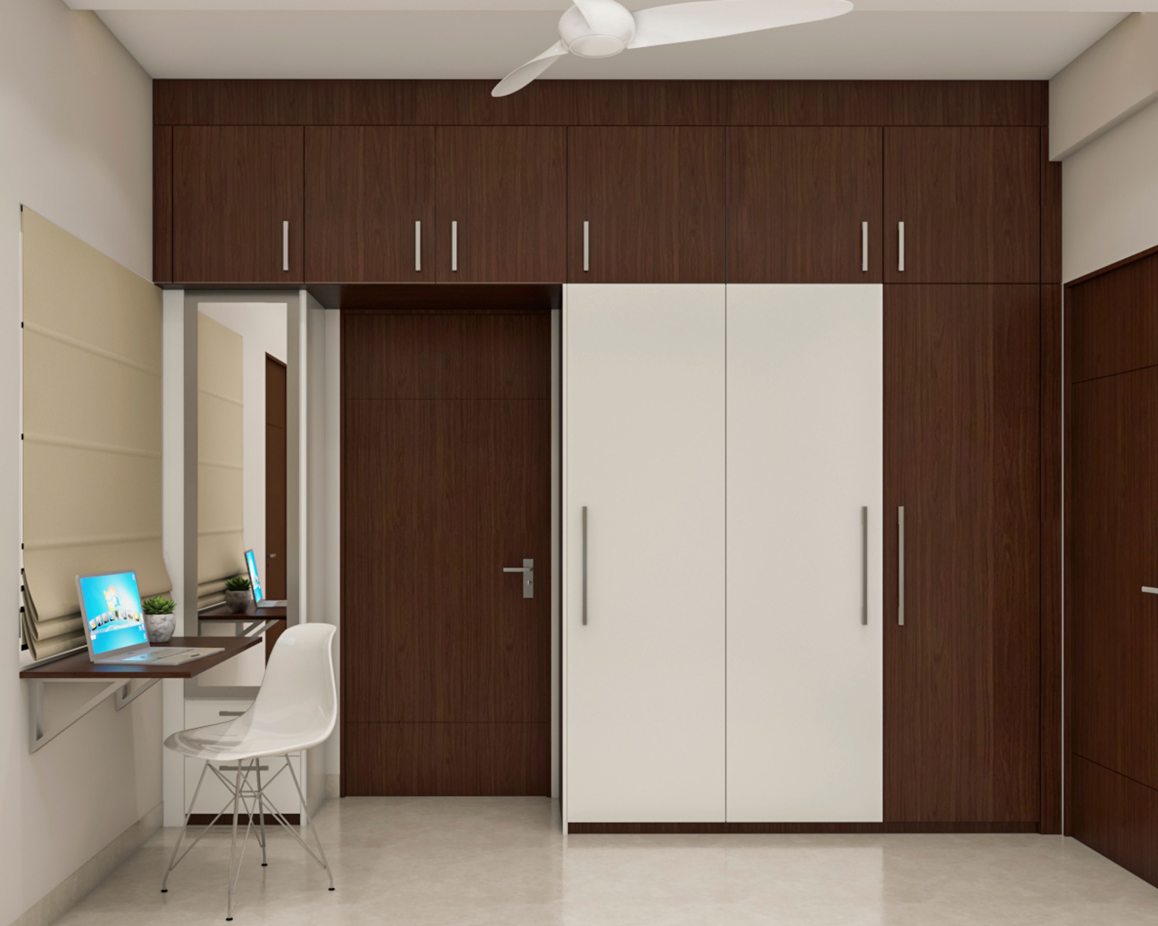 Modern Spacious Wardrobe Design With Brown And White Laminates