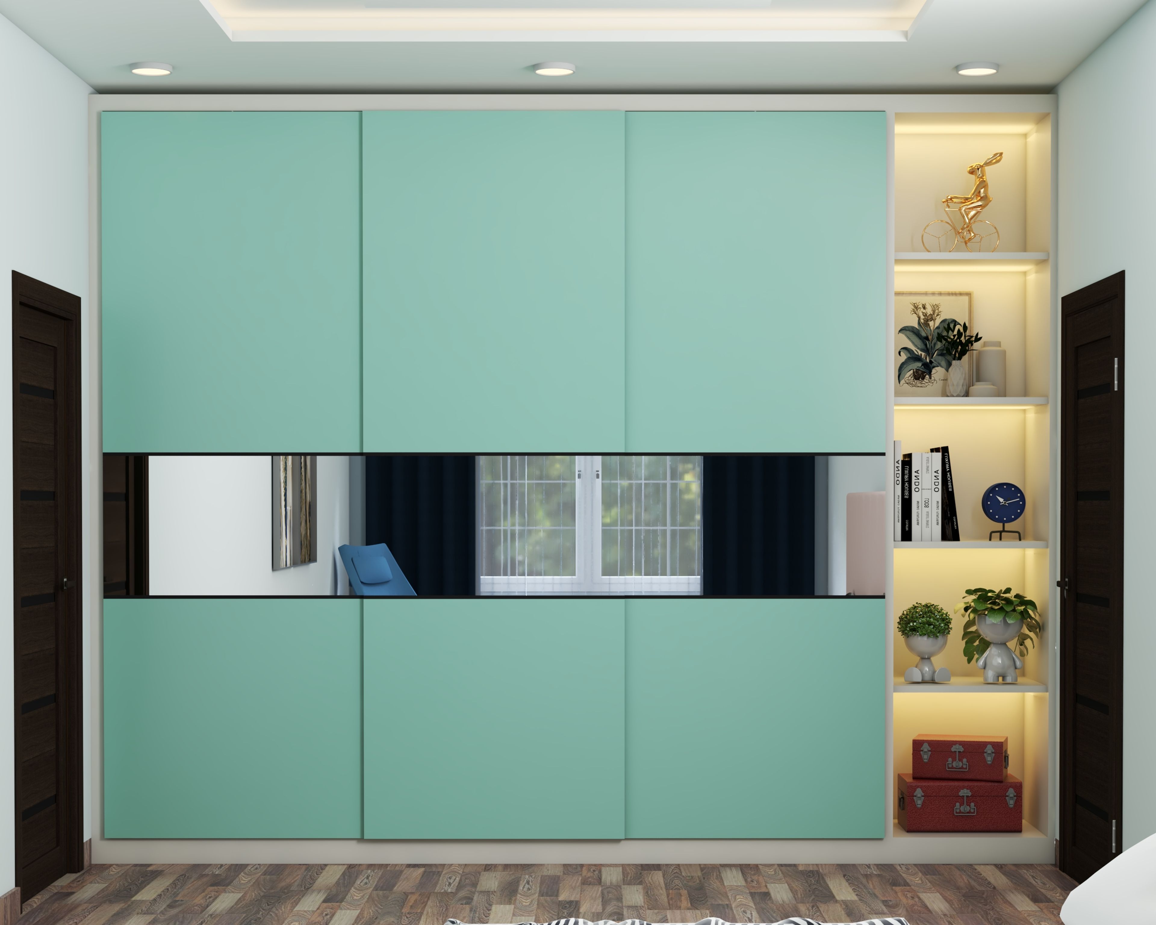 Cyan Toned Contemporary Style Wardrobe Design With Sliding Doors