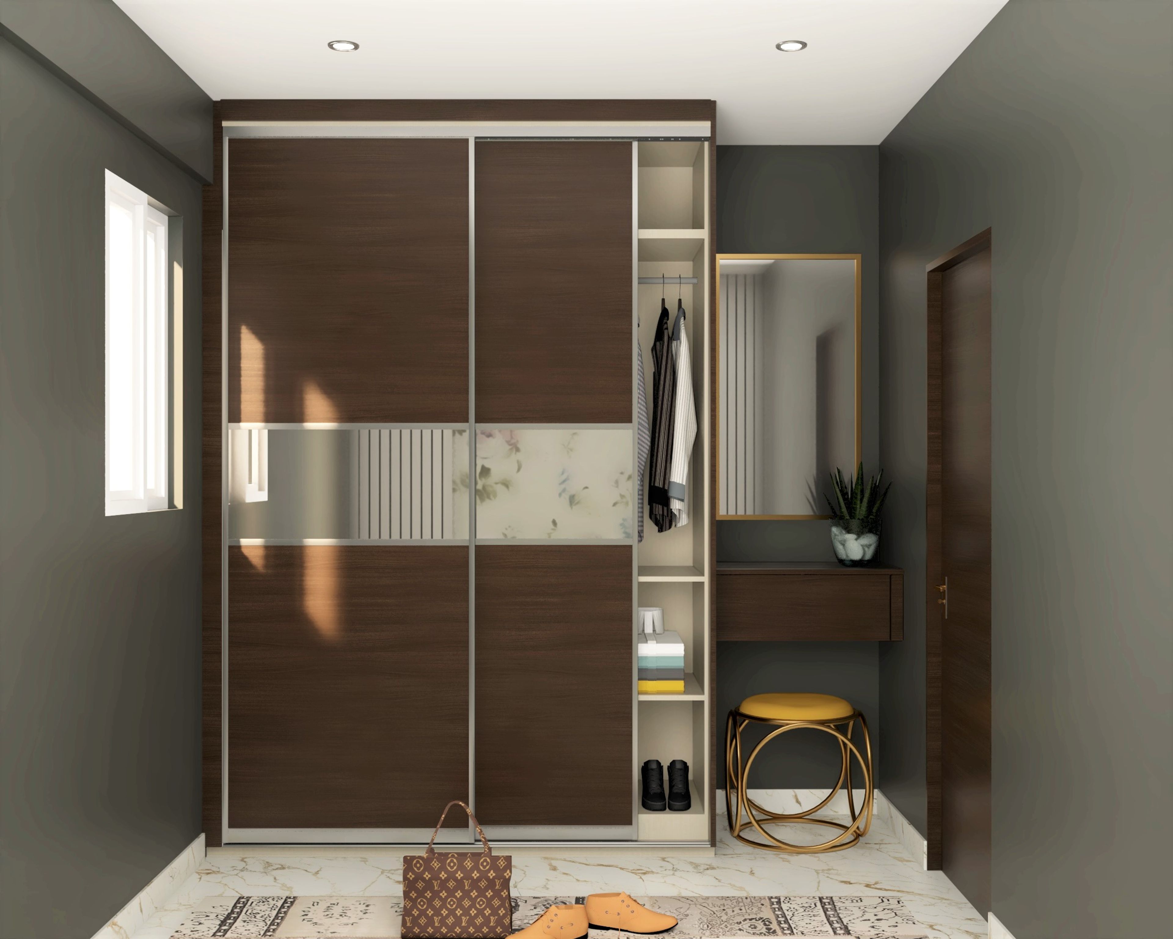Modern Compact Wardrobe With Dark Wood Laminate