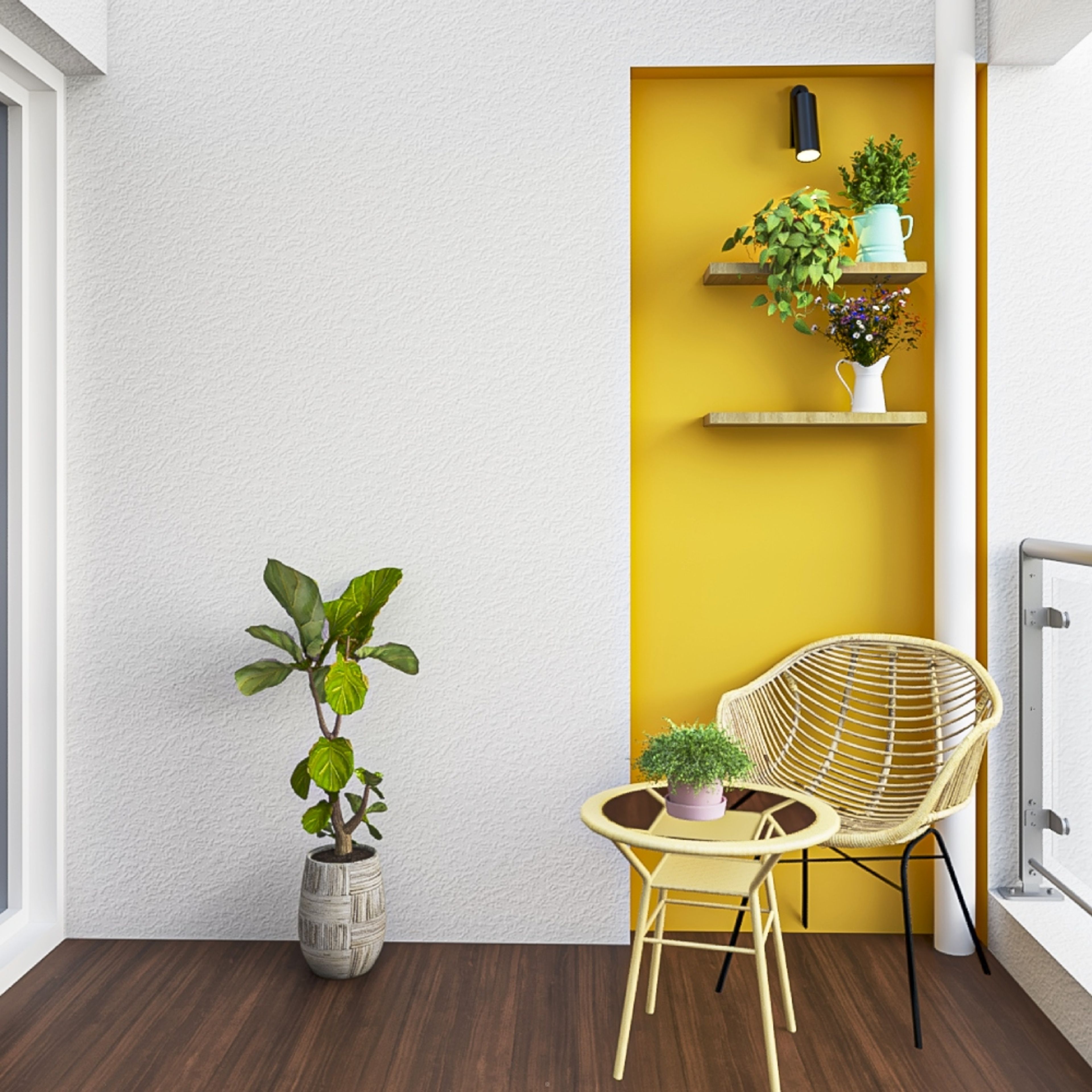 Tropical Yellow Balcony Design With Rattan Furniture - Livspace