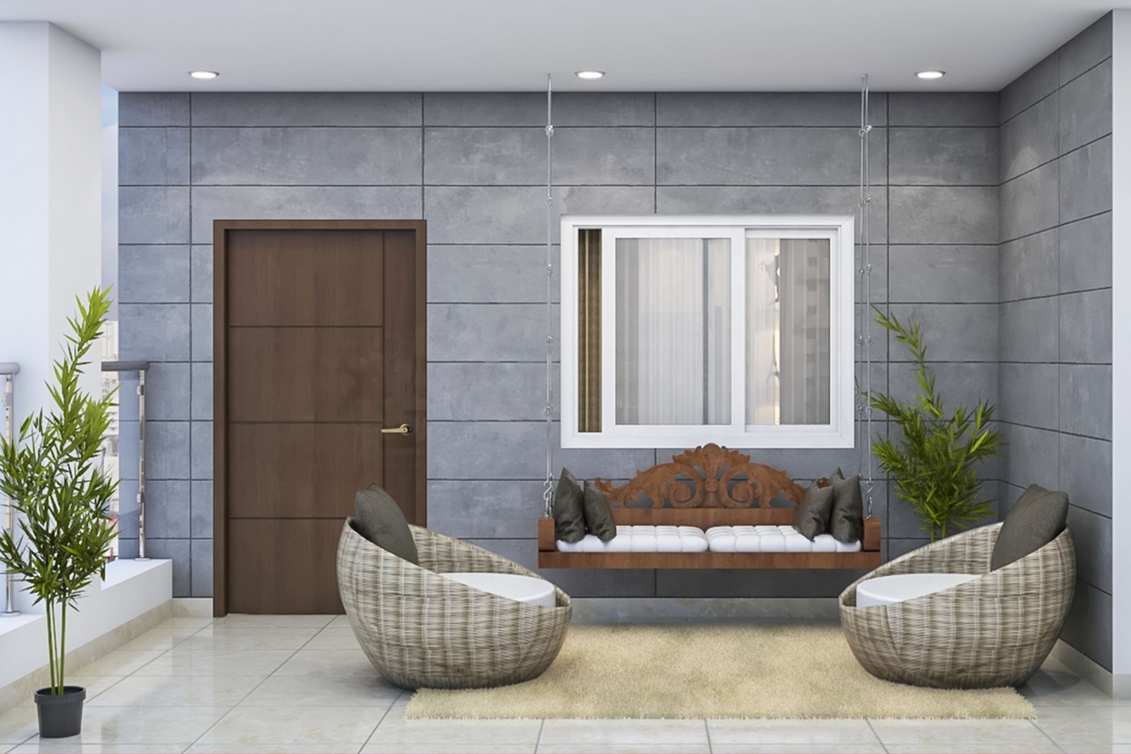 8X10 Ft Balcony Design With Accent Chairs And A Wooden Swing - Livspace