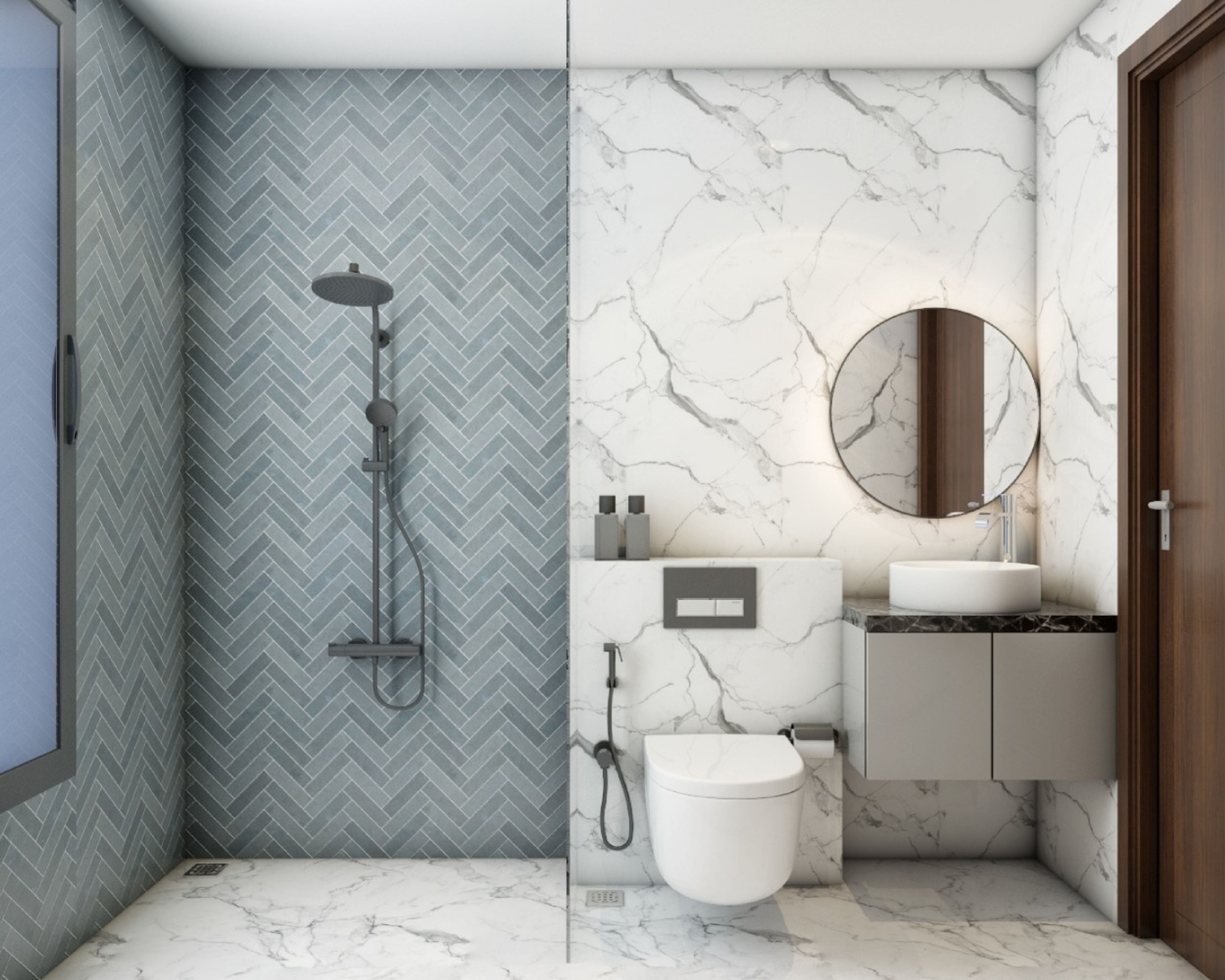 Contemporary Small Bathroom Idea With A Wall-Mounted Mirror And Vanity