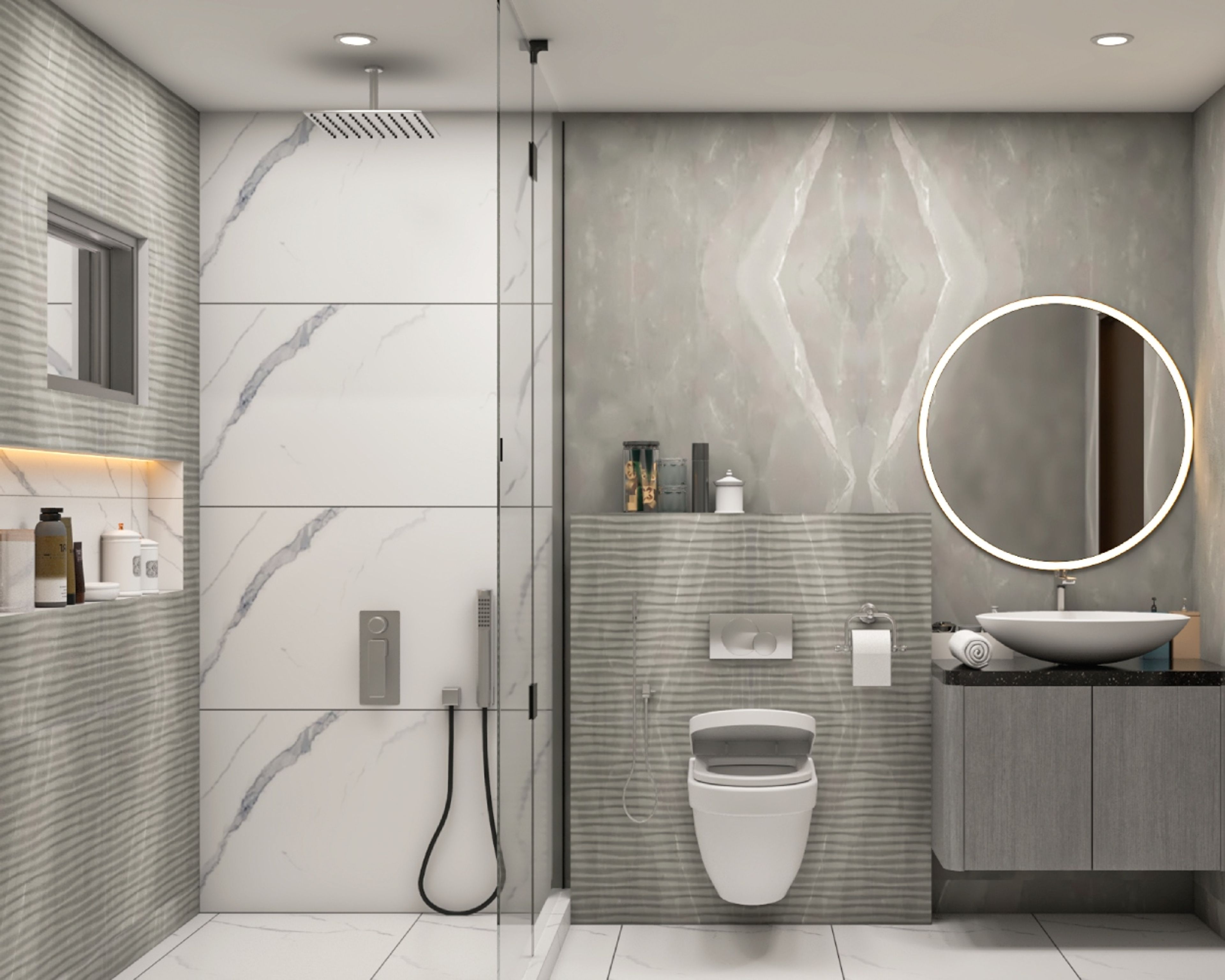 Contemporary Bathroom Design With Grey And White Marble Tile