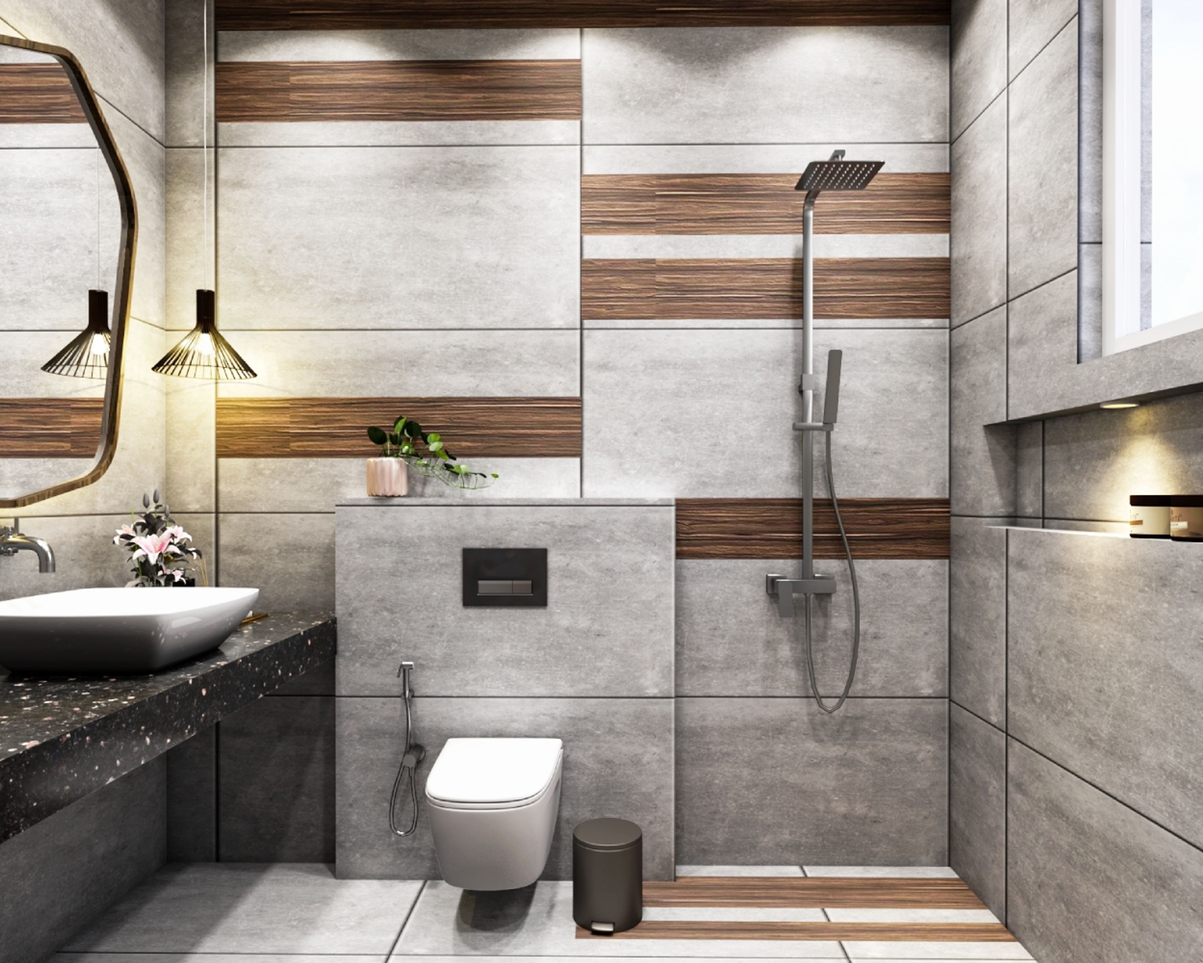 Contemporary Small Bathroom Idea With Grey And Wooden Textured Tiles