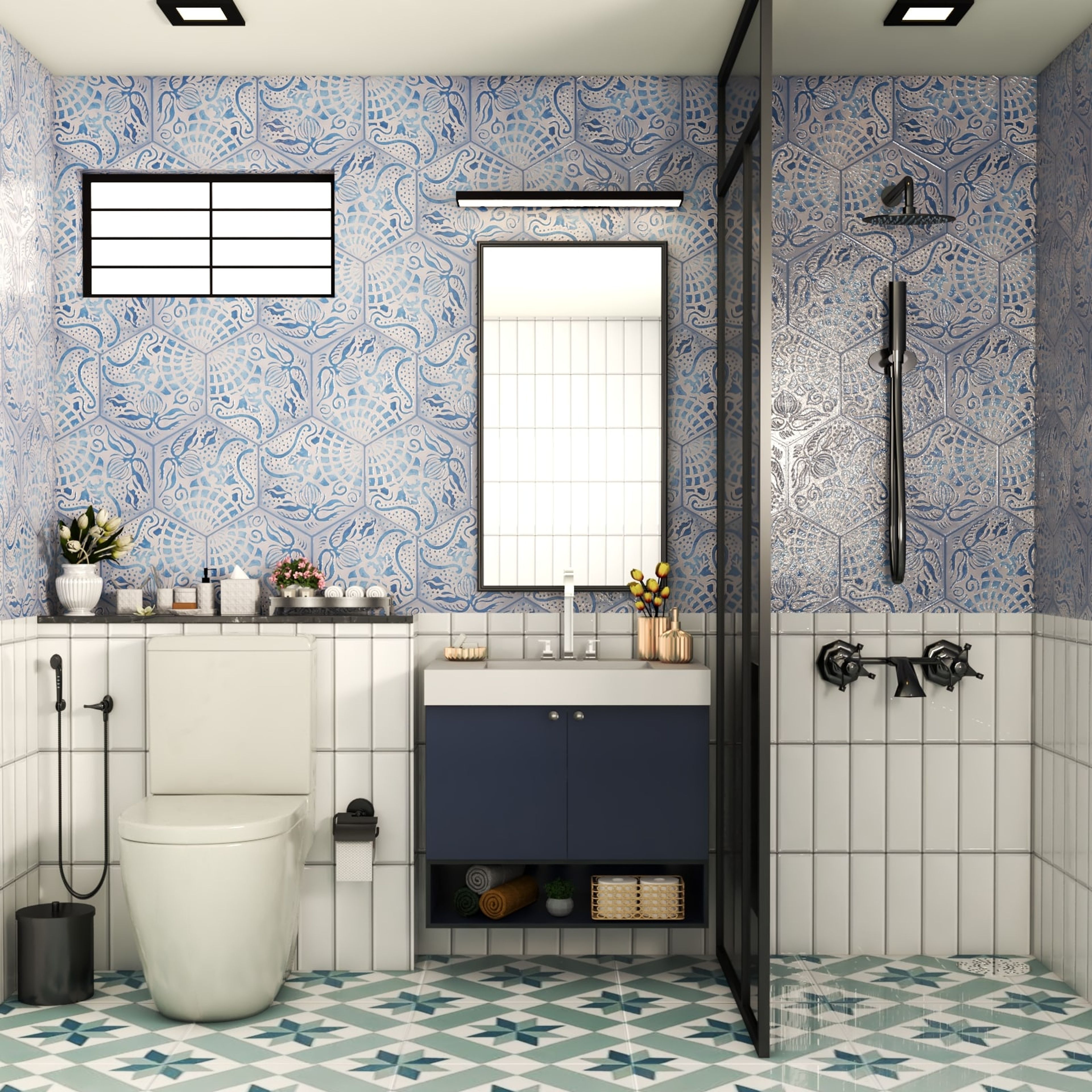 Eclectic Blue And White Bathroom Design With Multicolour Patterned Flooring