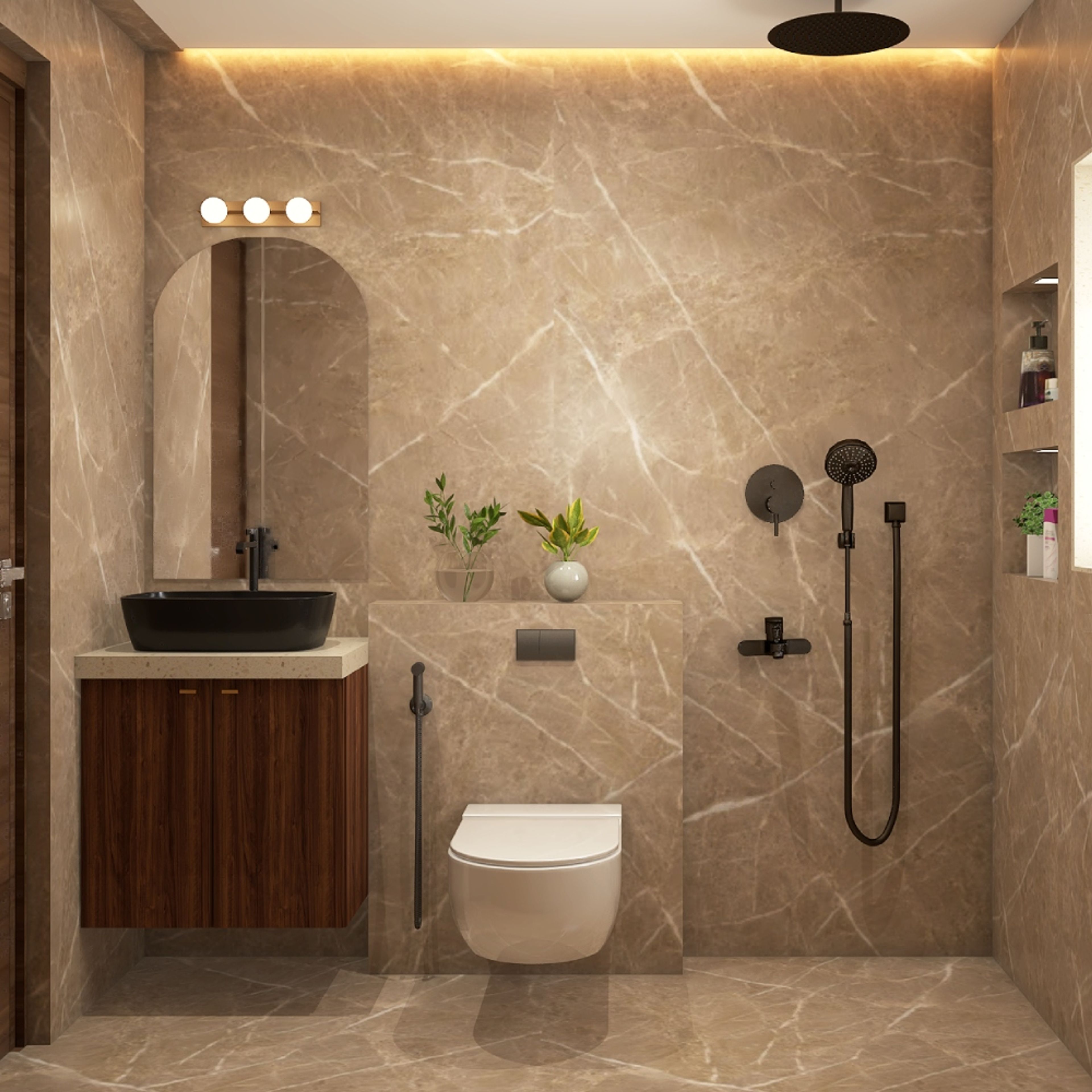 Contemporary Brown Marble Bathroom Design With Rectangular Mirror