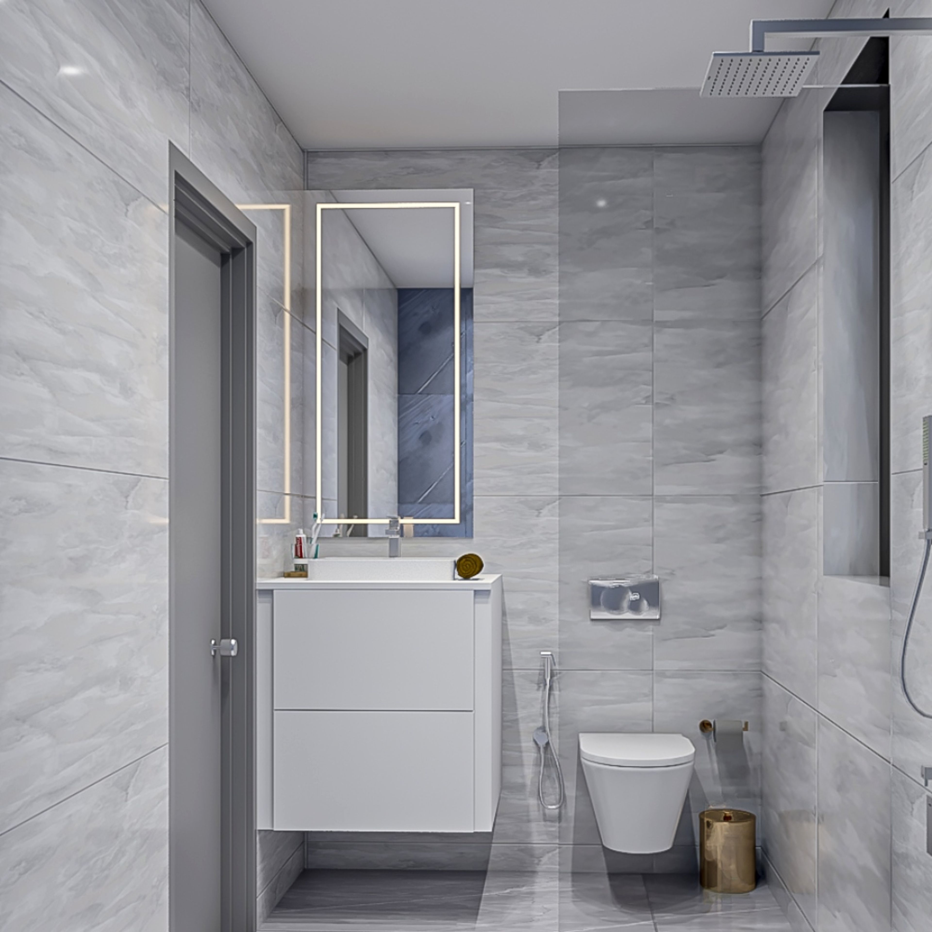 Modern Small Bathroom Design Idea With Grey And Blue Tiles