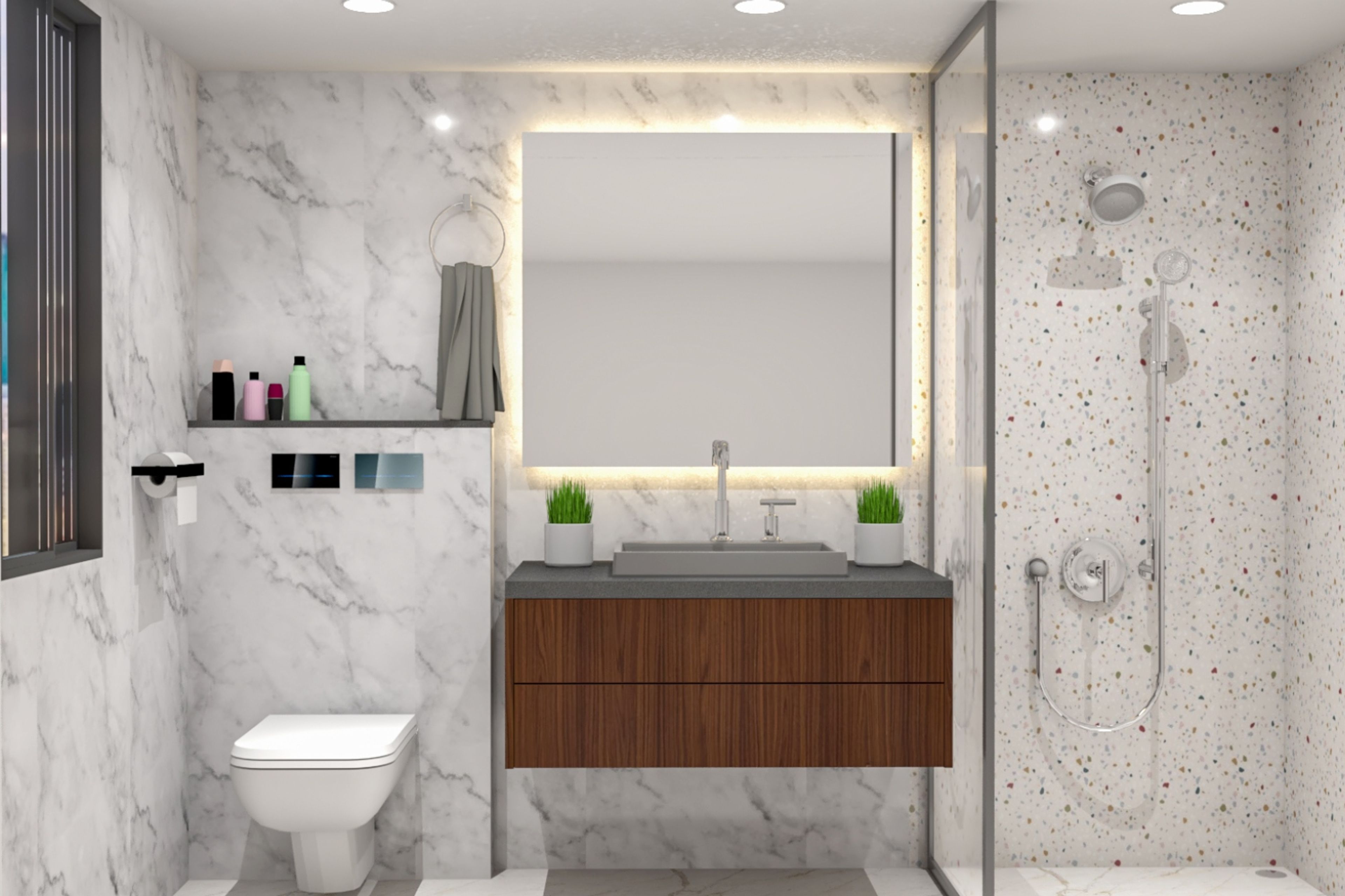 Modern Bathroom Design With White Marble And Terrazzo Tile Design
