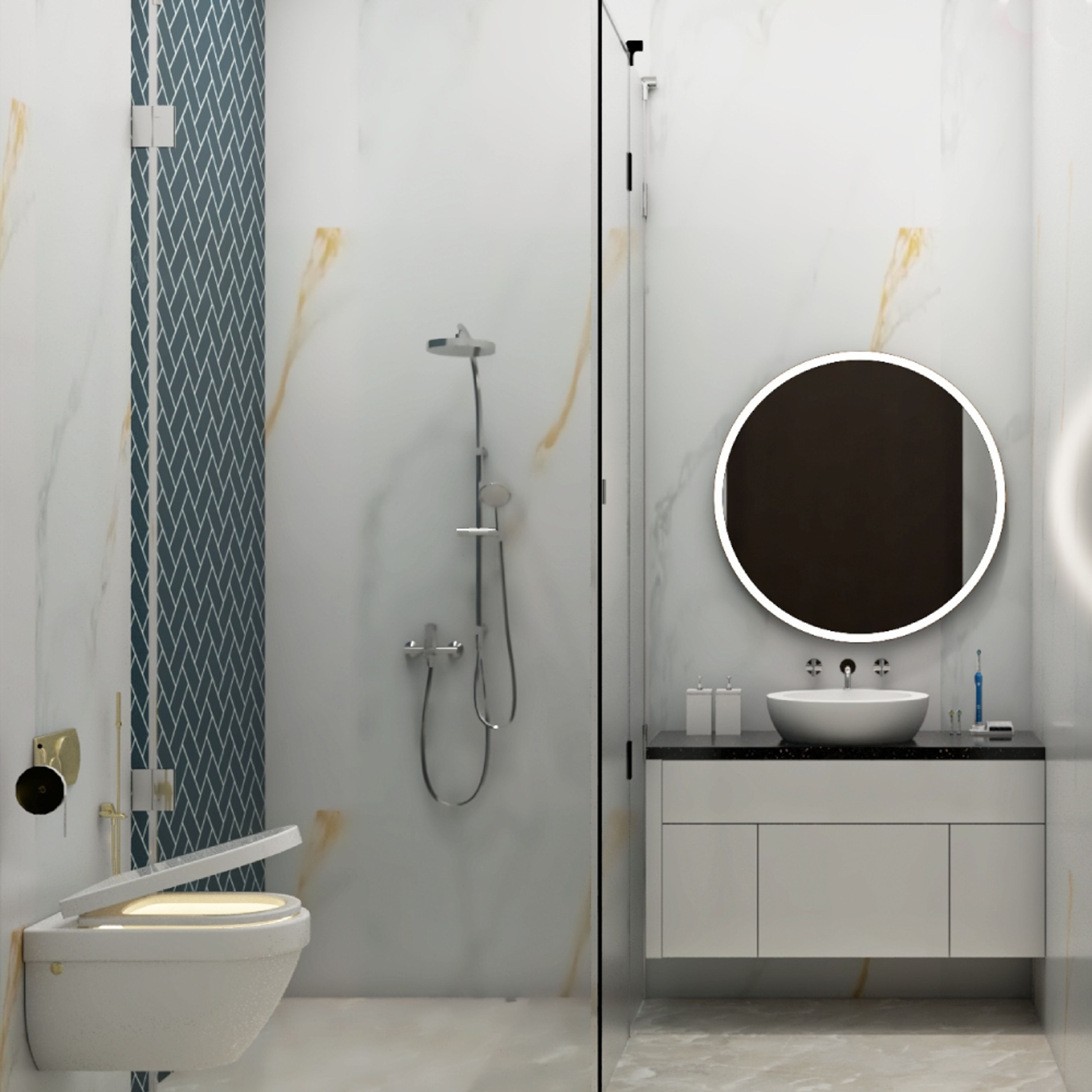 Modern White And Blue Small Bathroom Design Idea With A Granite Countertop