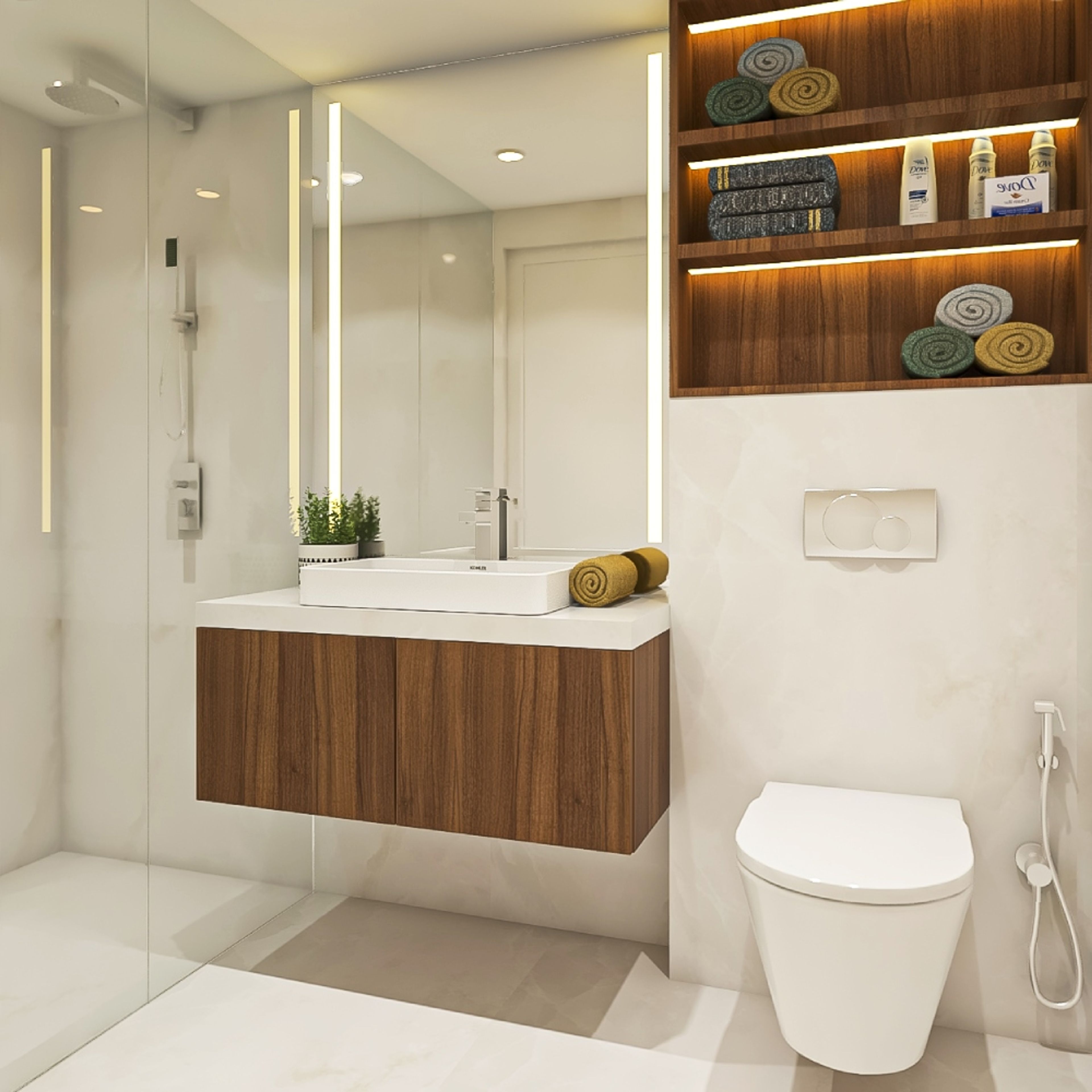 Modern Cream-Toned Bathroom Design With Wall-Mounted Vanity Unit