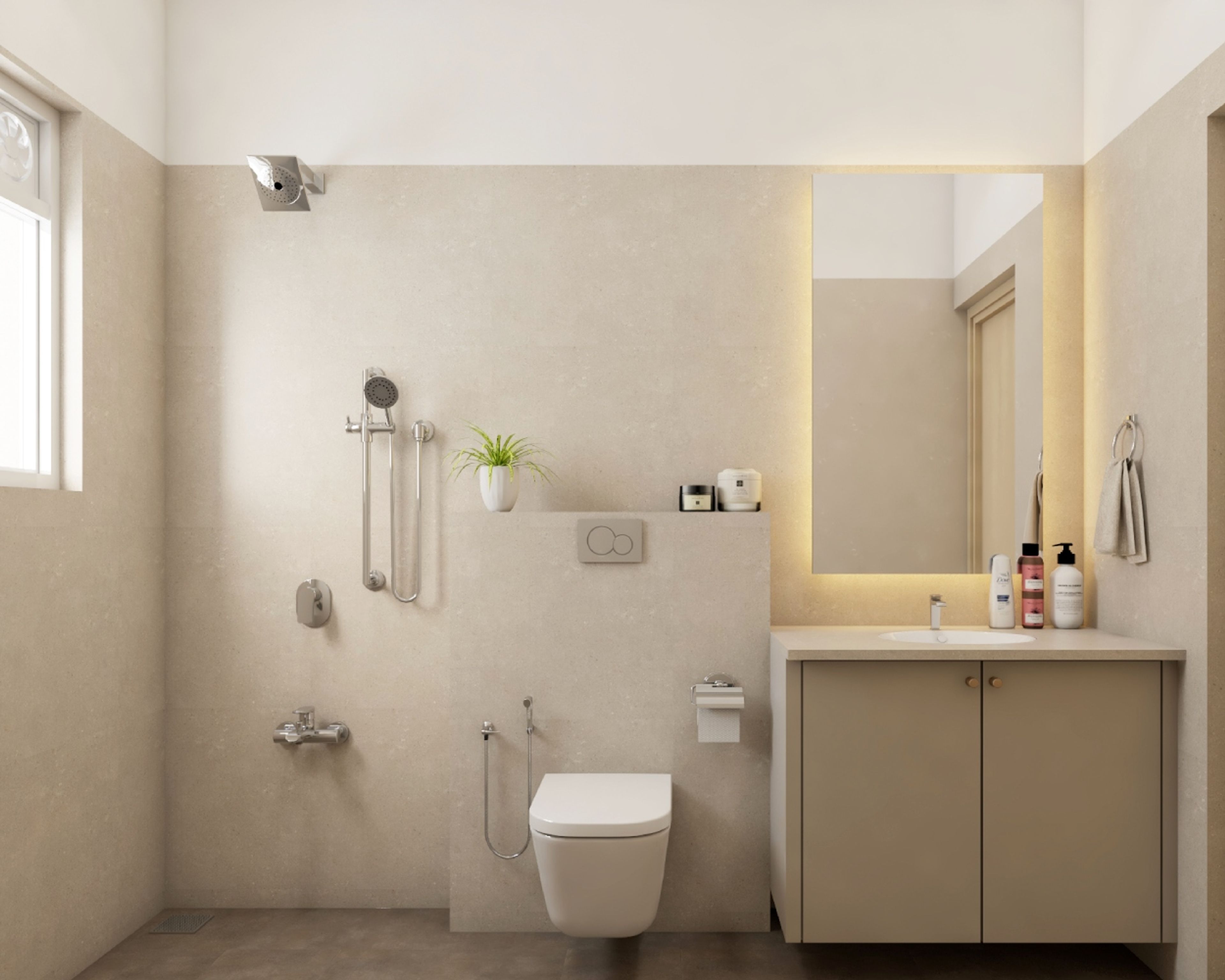 Modern Beige Bathroom Design With Rectangular Mirror