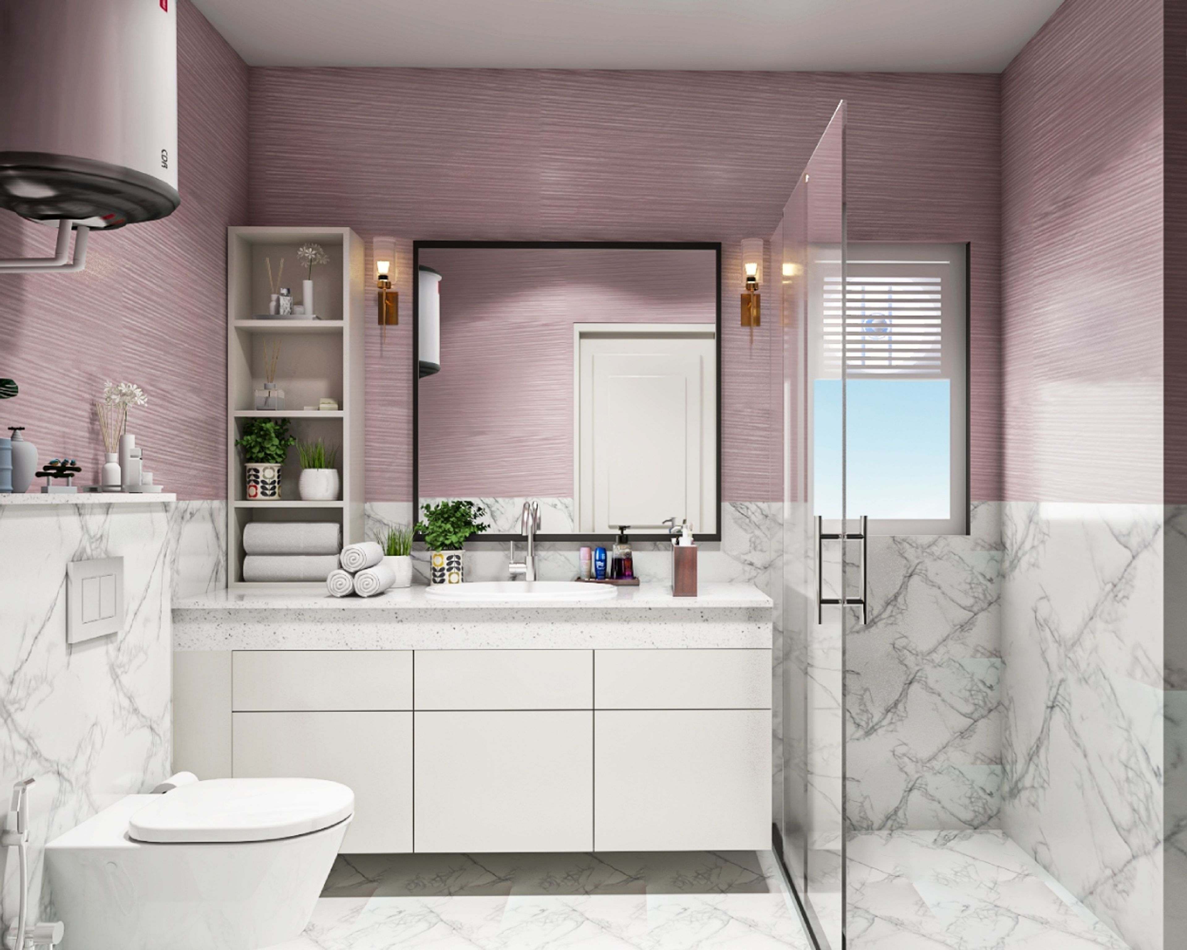 Modern Lavender And Black Bathroom Design With Square Mirror