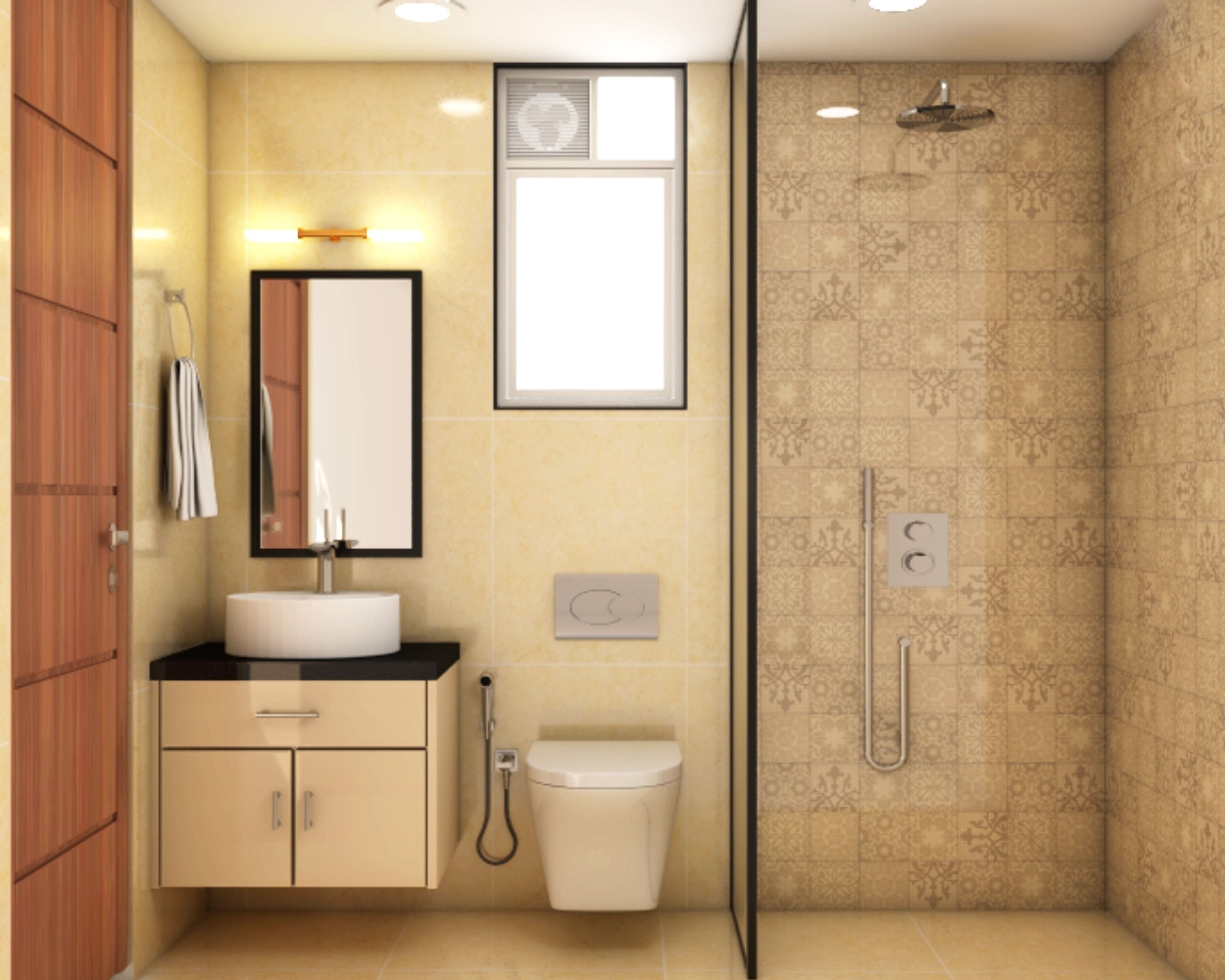 Contemporary Cream And Grey Small Bathroom Design Idea With Wall-Mounted Unit