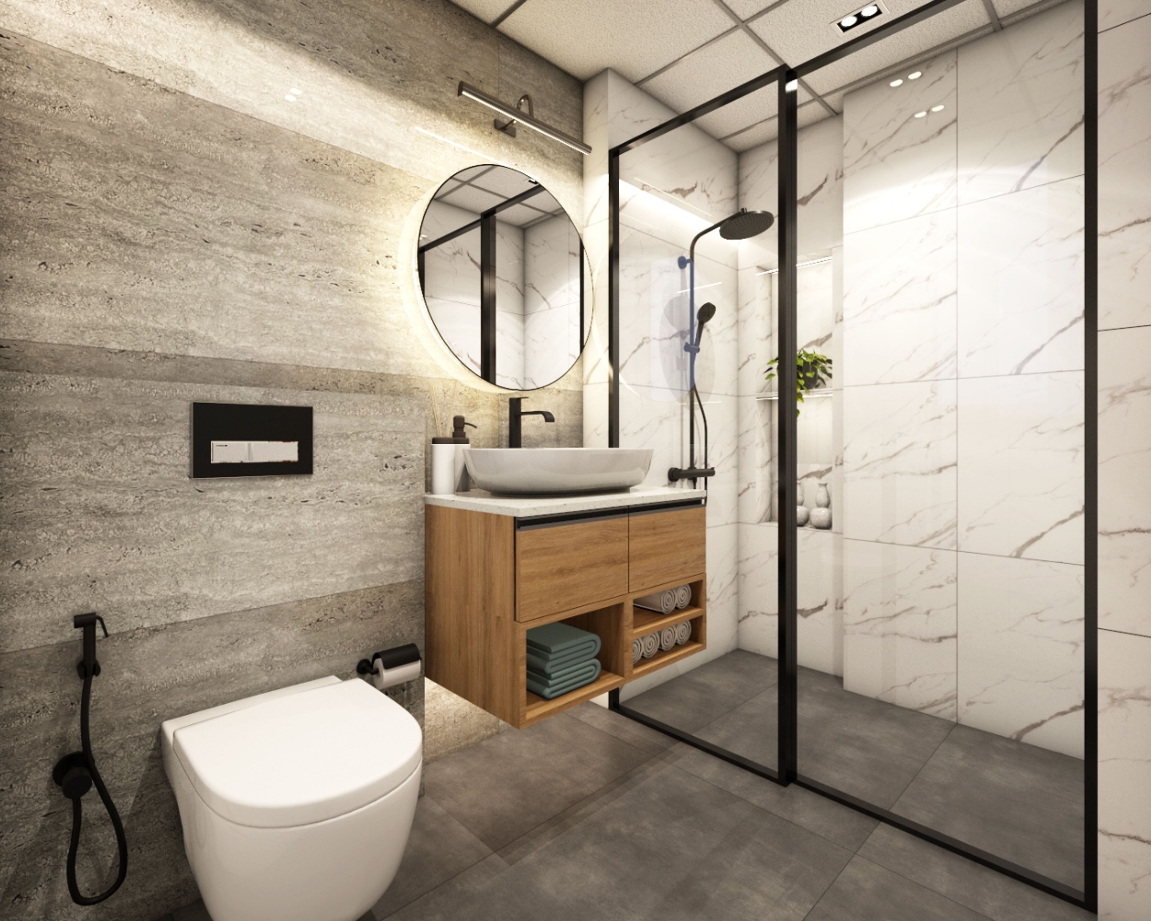 Industrial Grey And White Bathroom Design With Rectangular Mirror