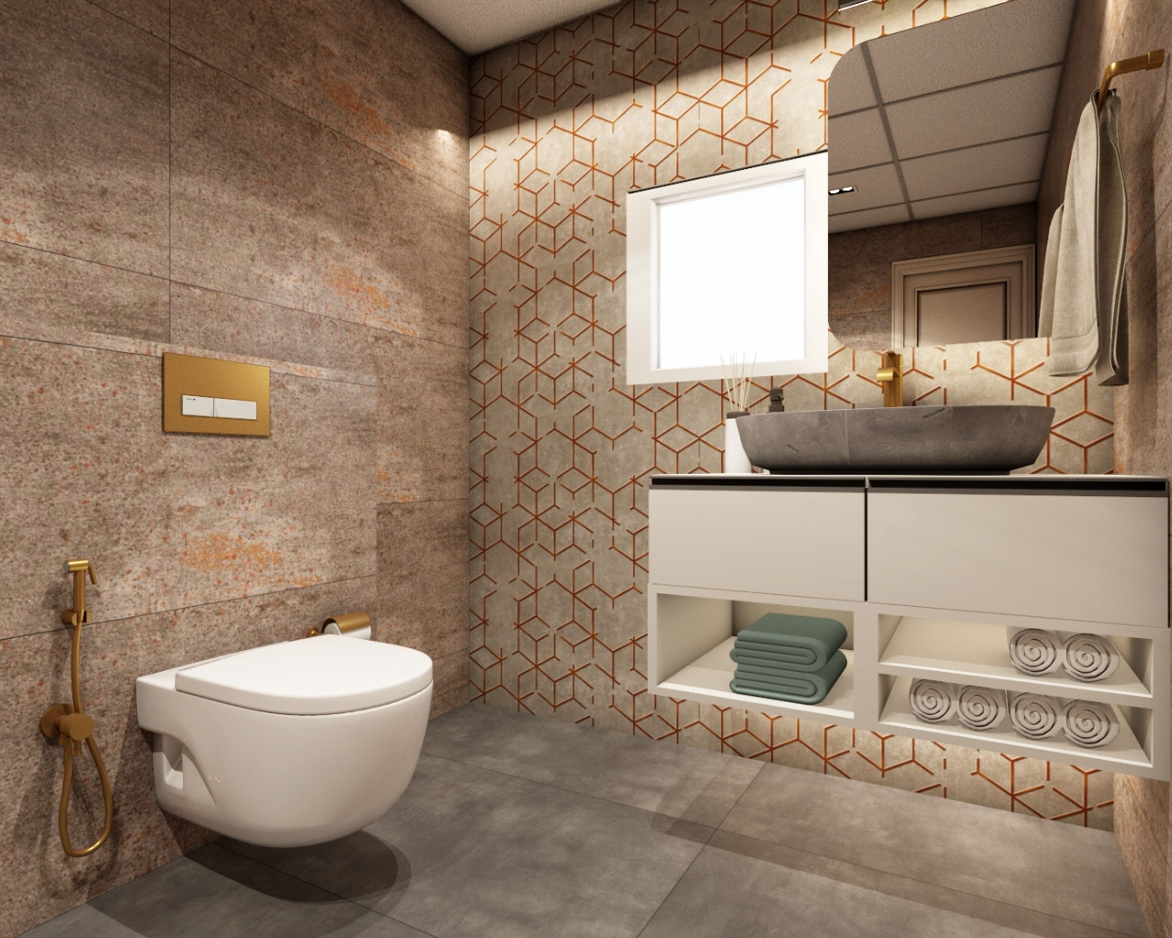 Contemporary Brown And Grey Bathroom Design With Hexagon Tile Design