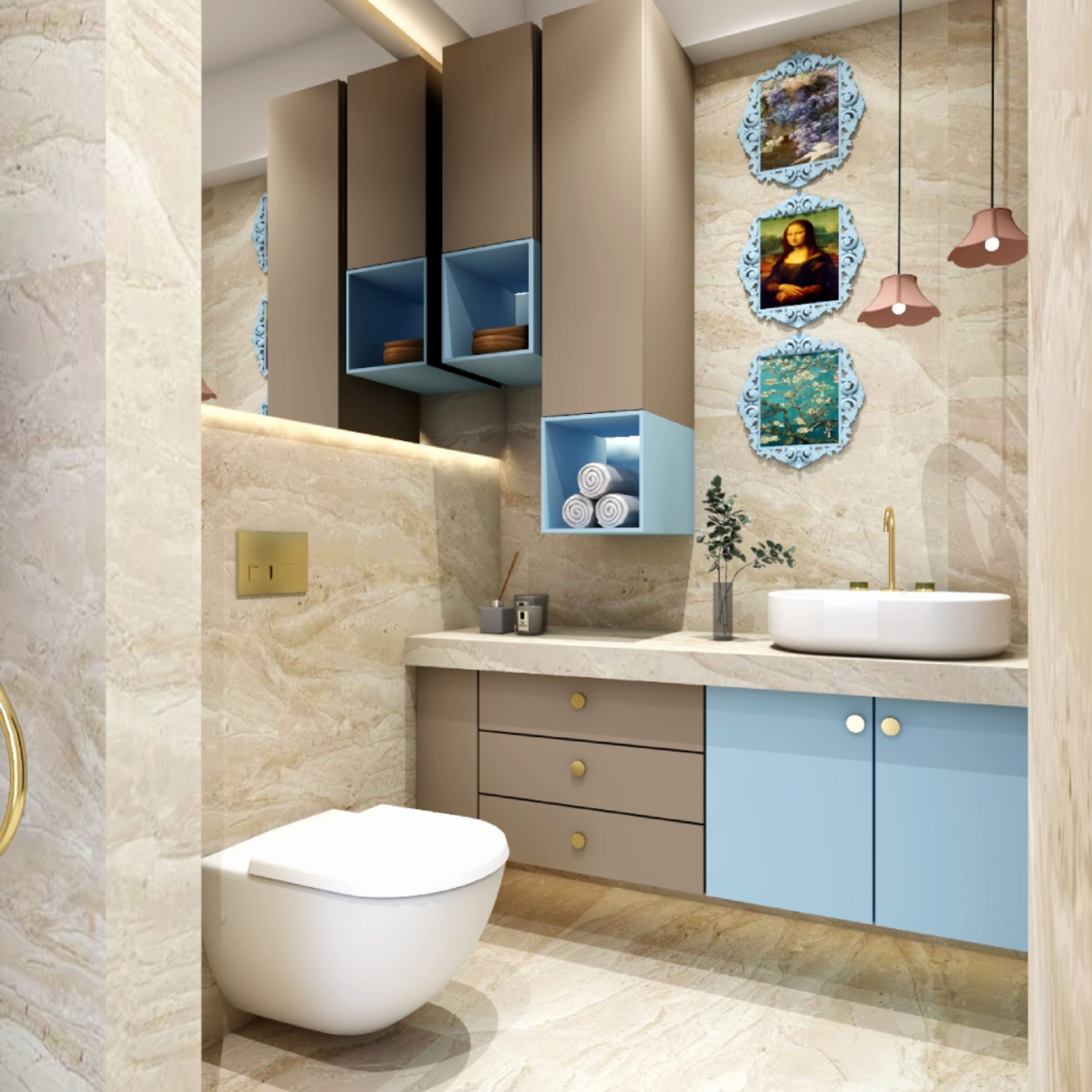 Contemporary Beige Small Bathroom Design Idea With Pendant Lights