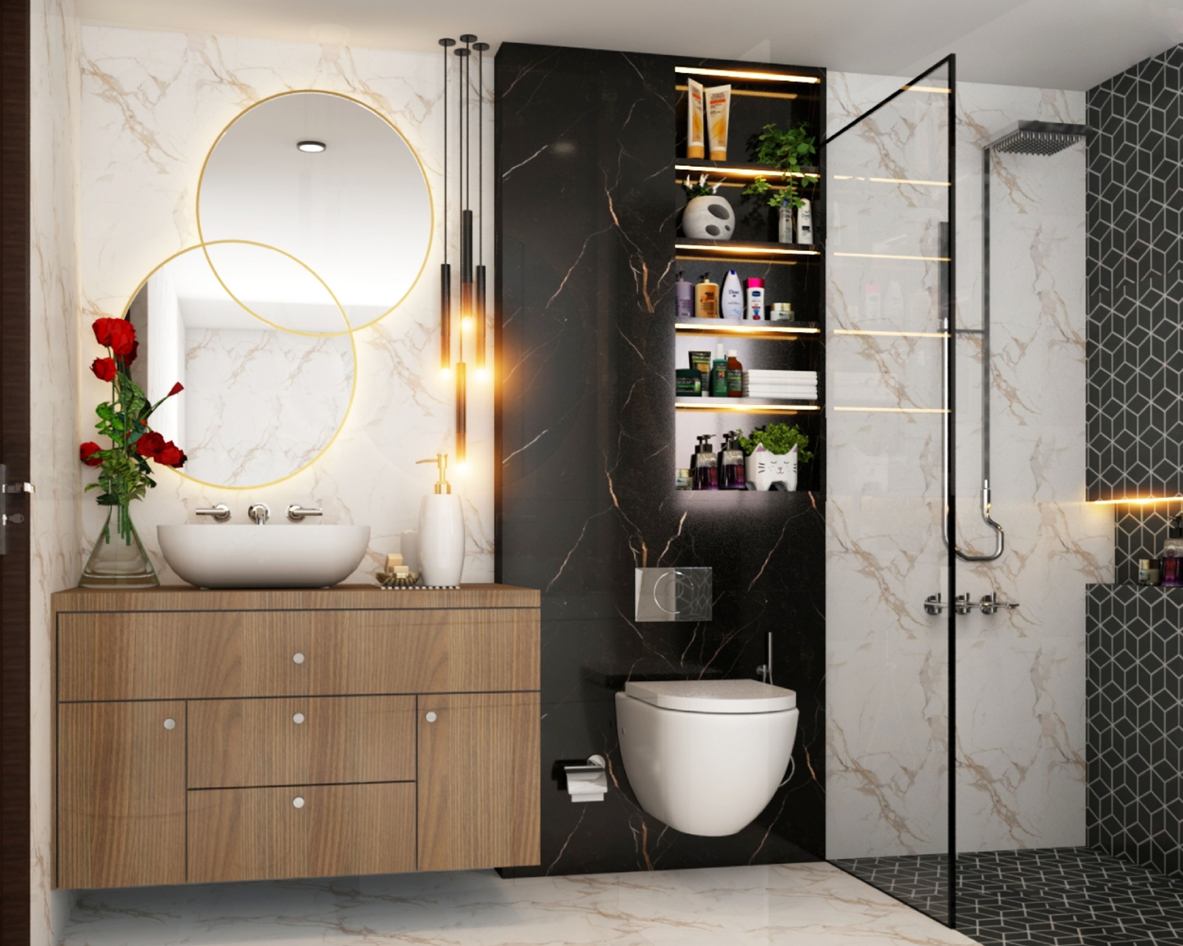Contemporary White And Black Bathroom Design With Wall-Mounted Wooden Vanity Unit