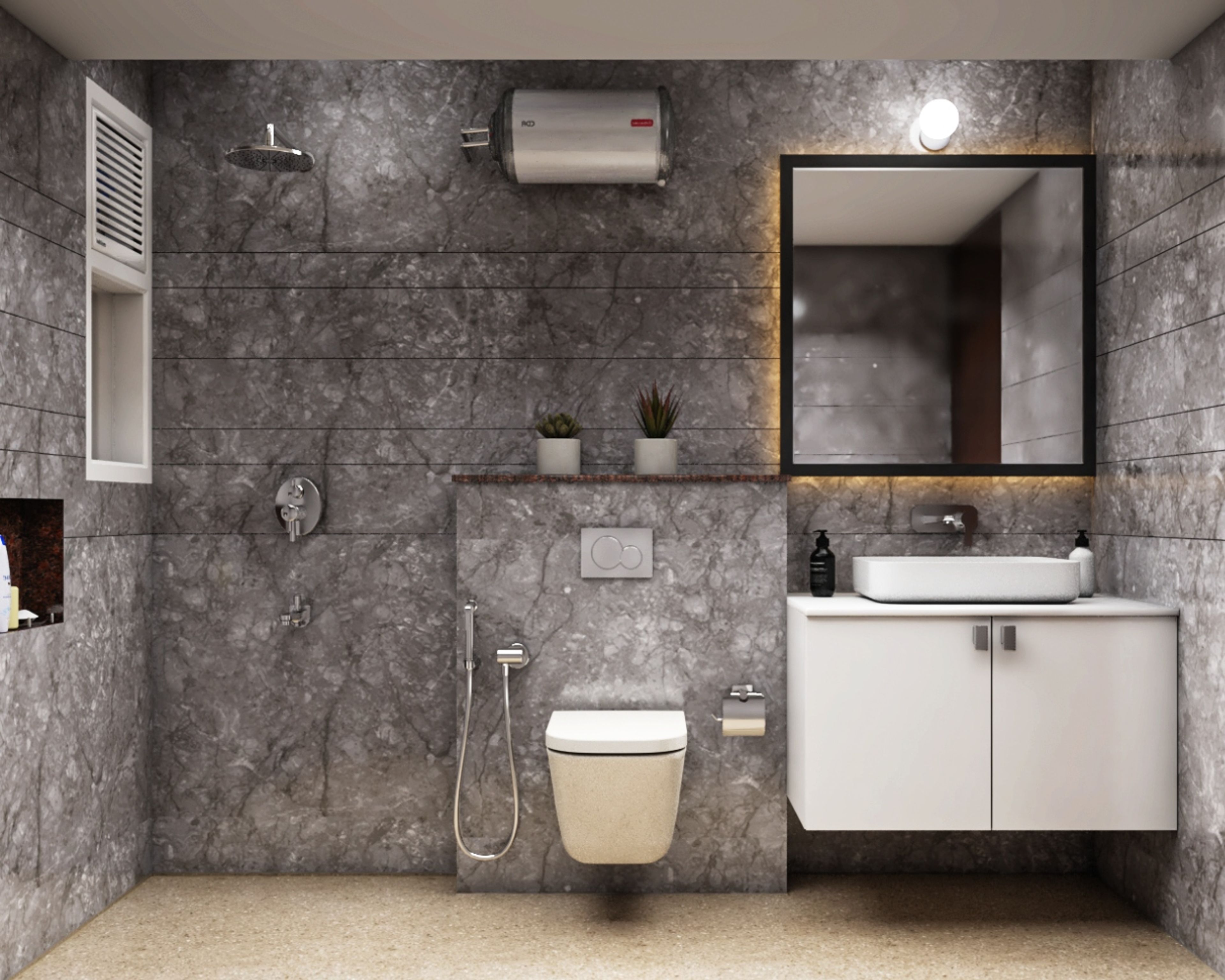 8X5 Ft Grey And Beige Bathroom Design With Square Mirror - Livspace