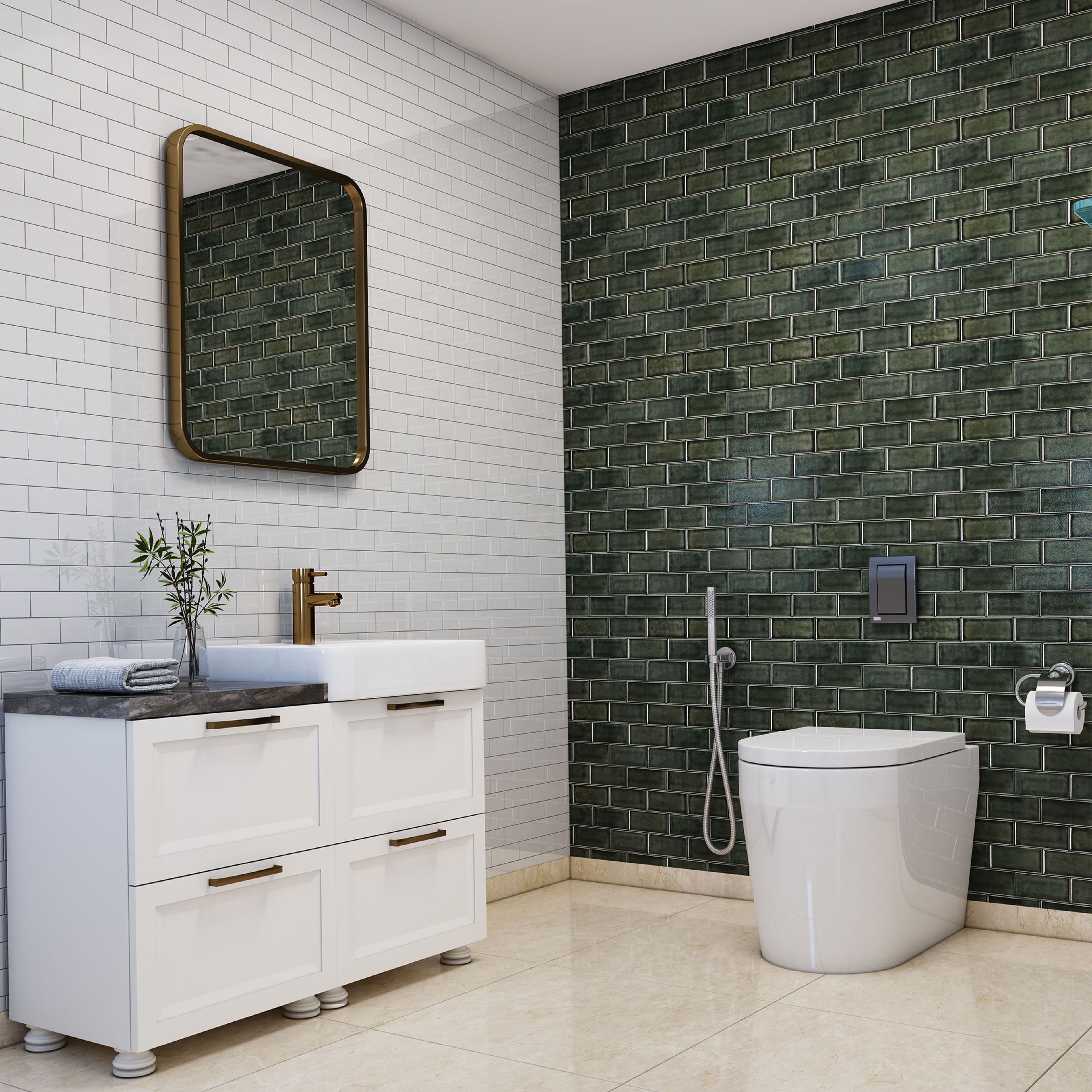 Ceramic Subway White And Green Bathroom Tile Design