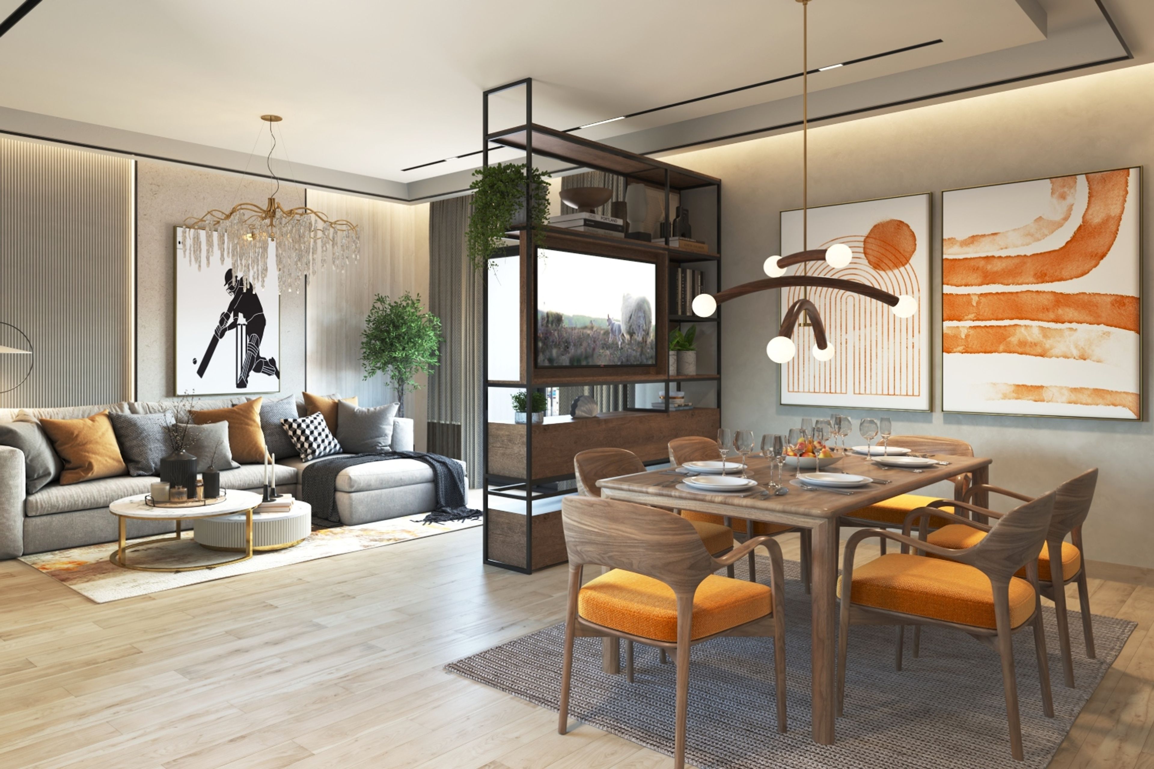 6-Seater Dining Room Design With Wooden Flooring - Livspace