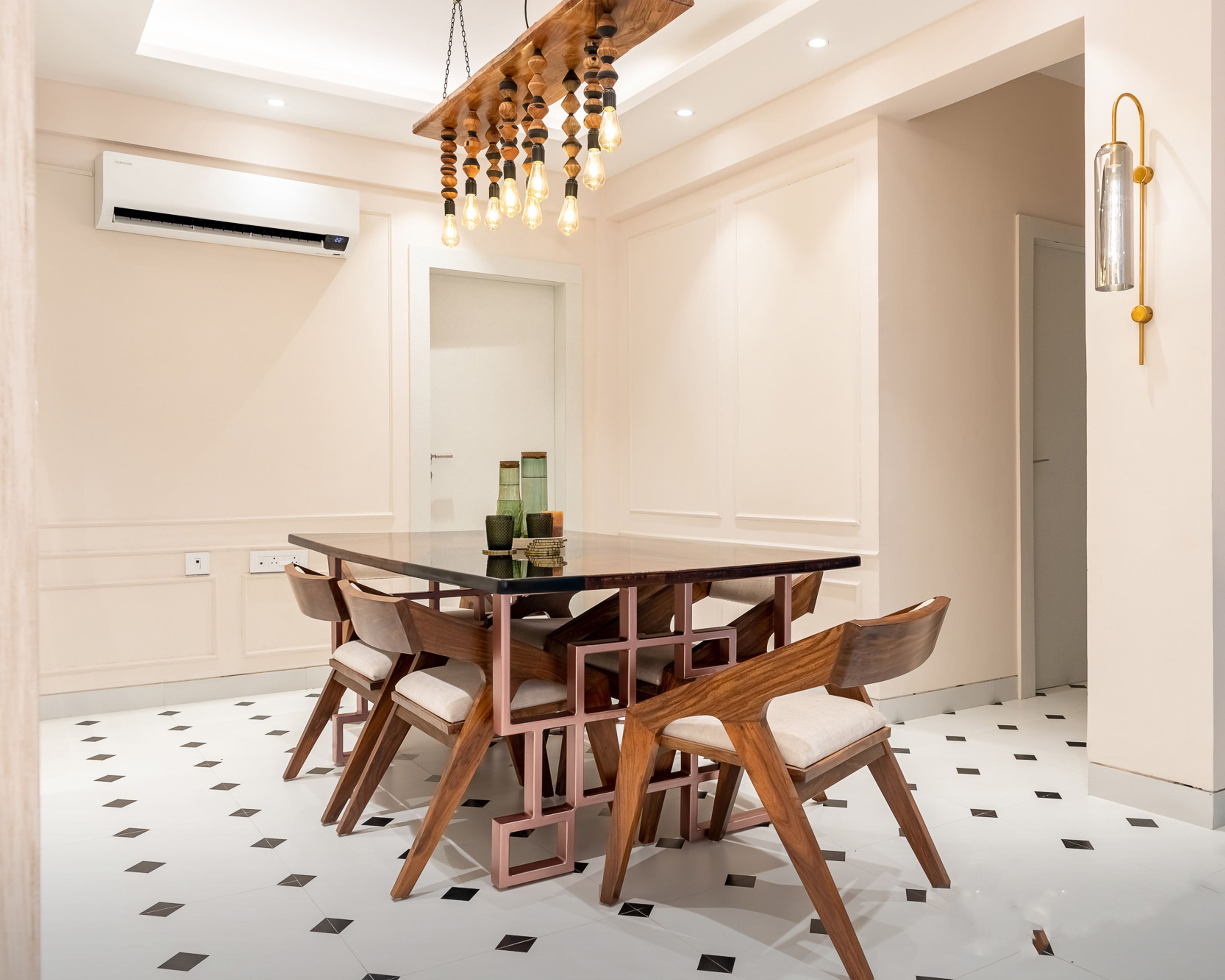 6-Seater Dining Room With Black Granite Tabletop and Wooden Chairs - Livspace