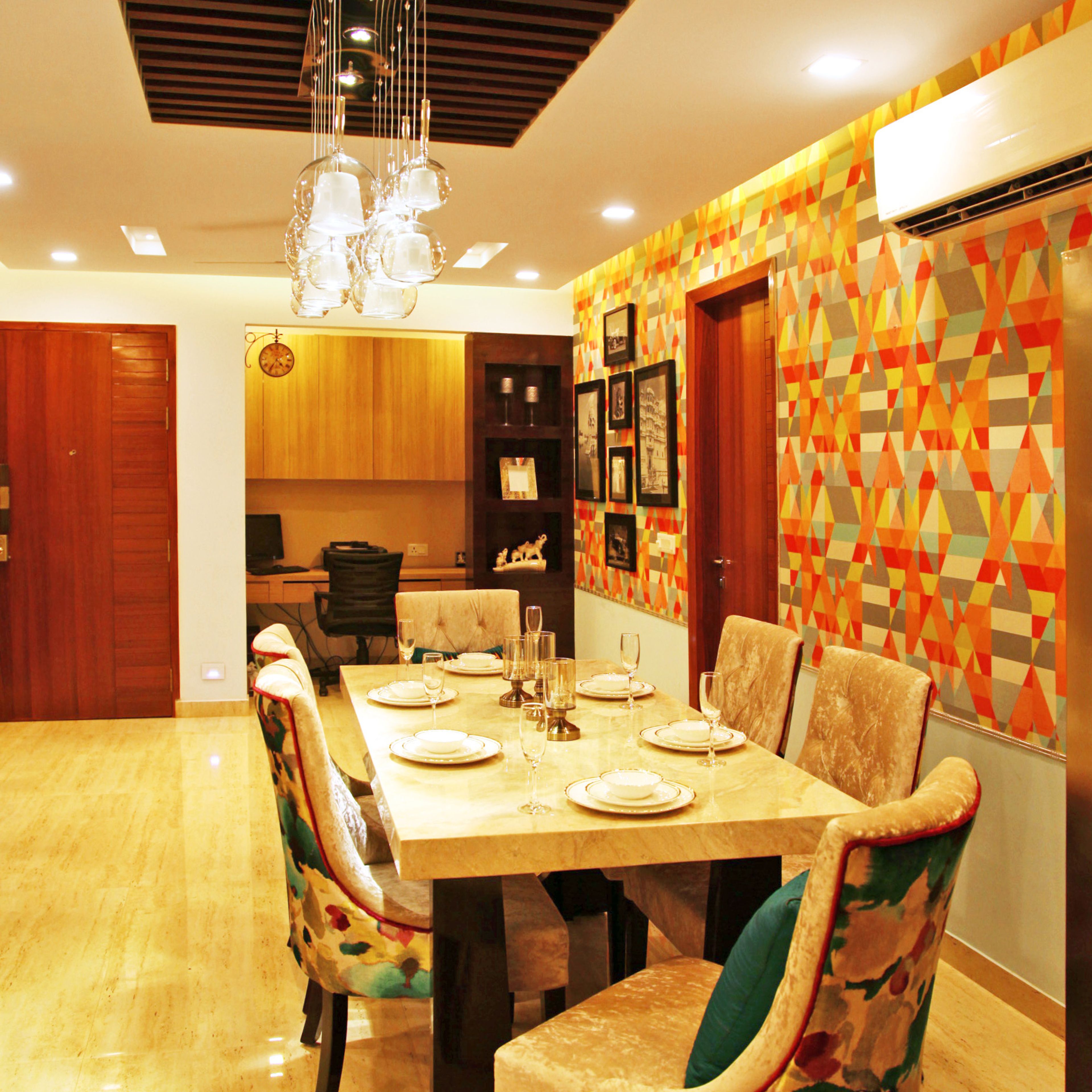 6-Seater Dining Room With Multicolour Wallpaper And Recessed Lighting - Livspace