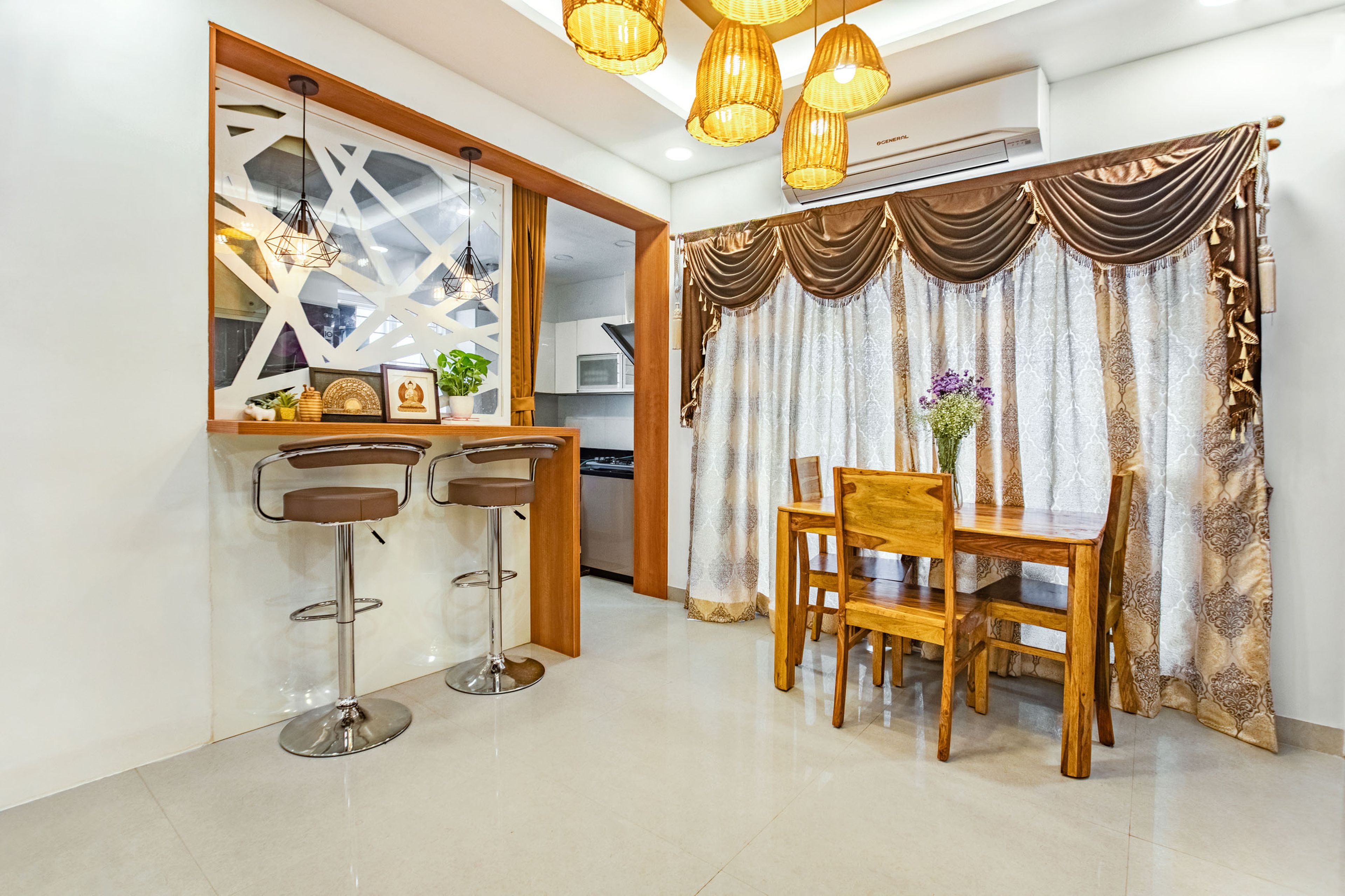 3-Seater Dining Room With Wooden Furniture And Warm Lighting - Livspace