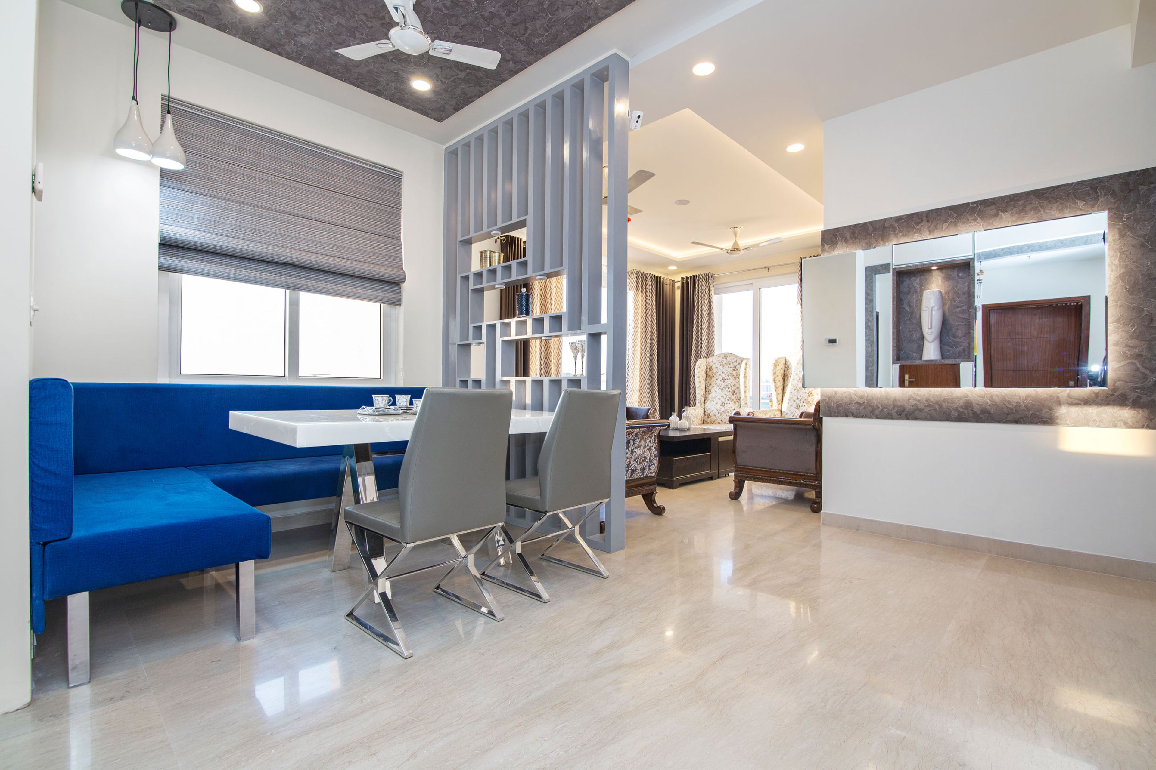 6-Seater Dining Room With Marble Tabletop And Metal Legs - Livspace