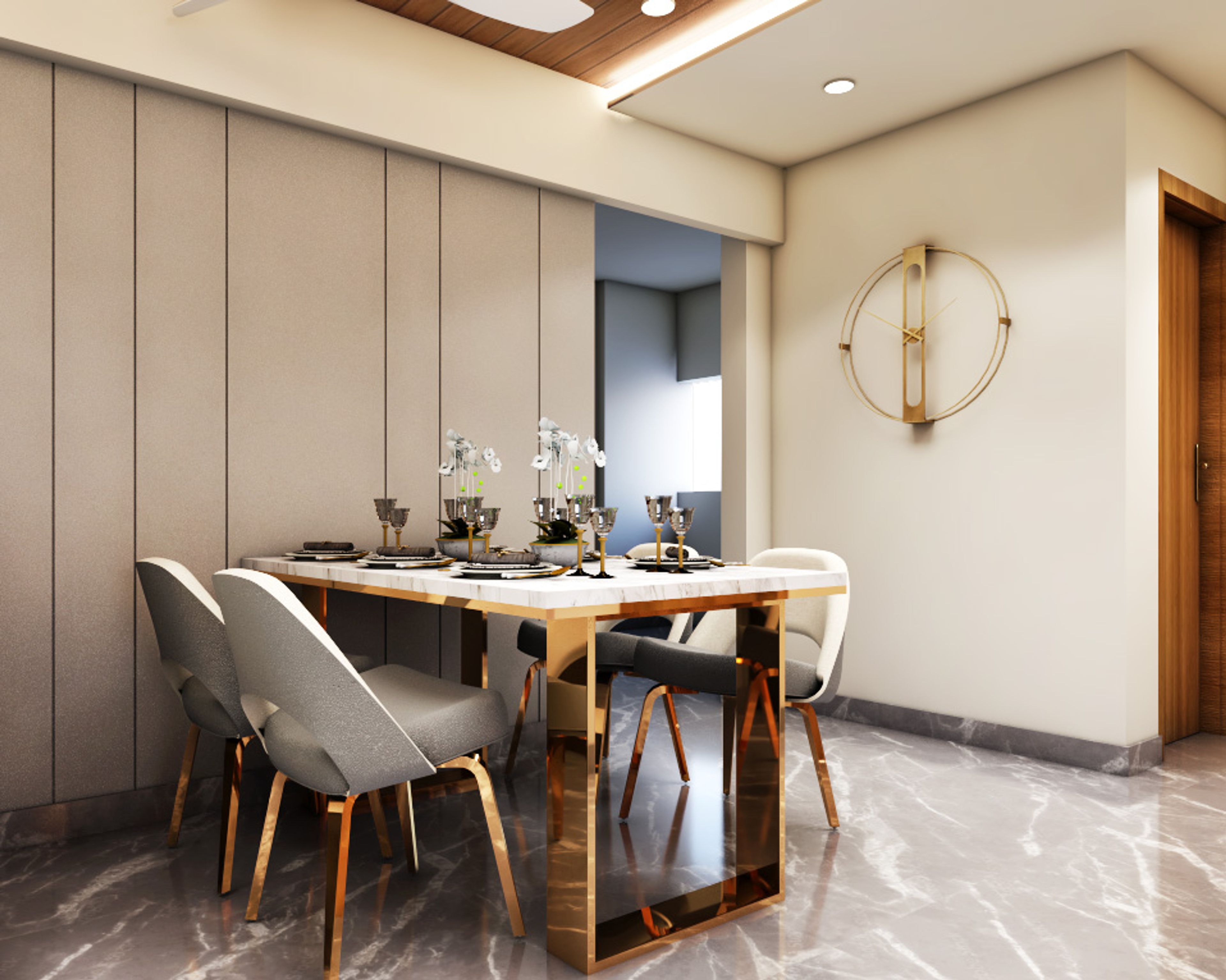 4-Seater Dining Room With Neutral Colour Palette And Marble Flooring - Livspace