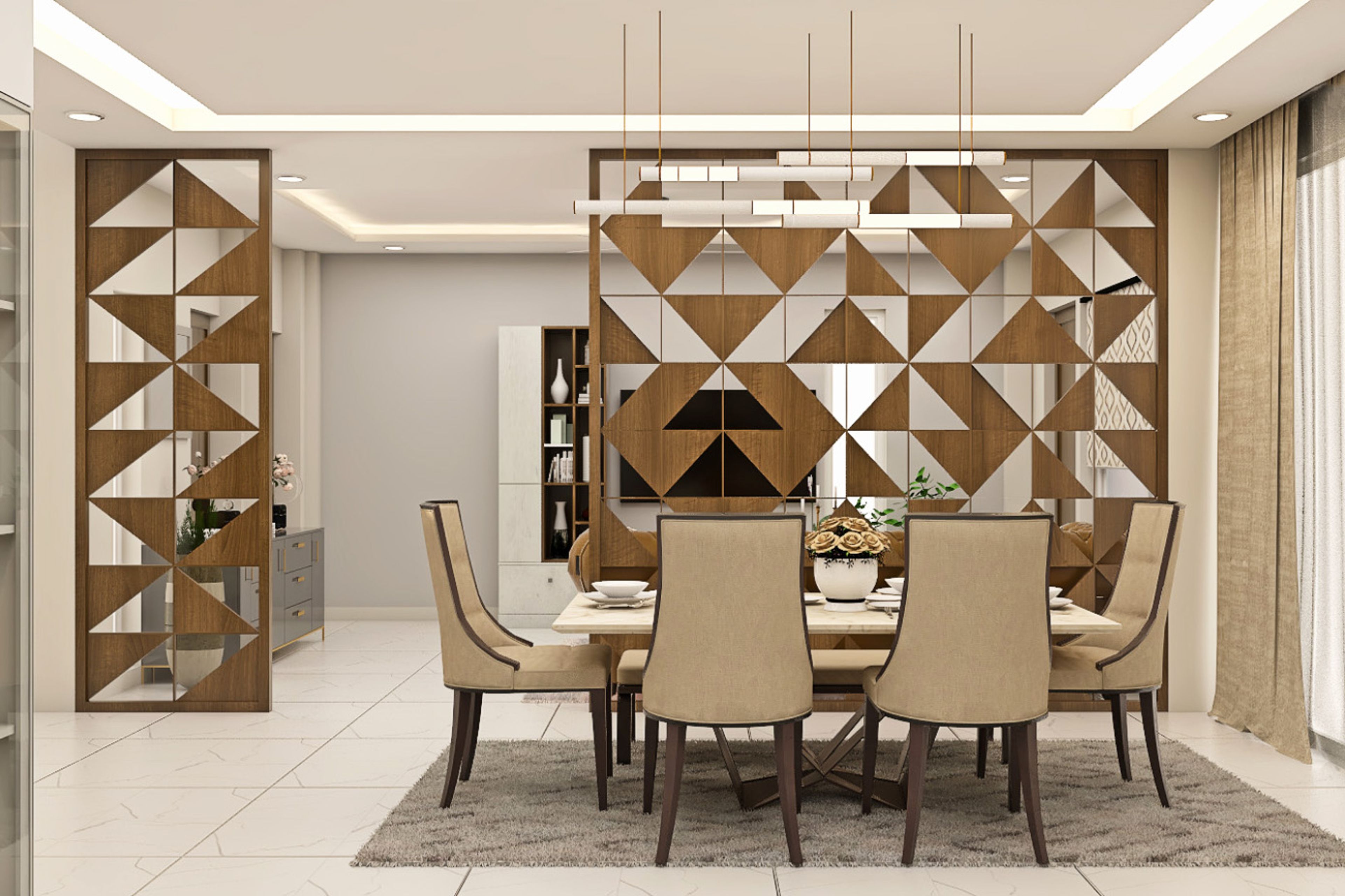 4-Seater Dining Room With Wooden Furnitures And Partition - Livspace