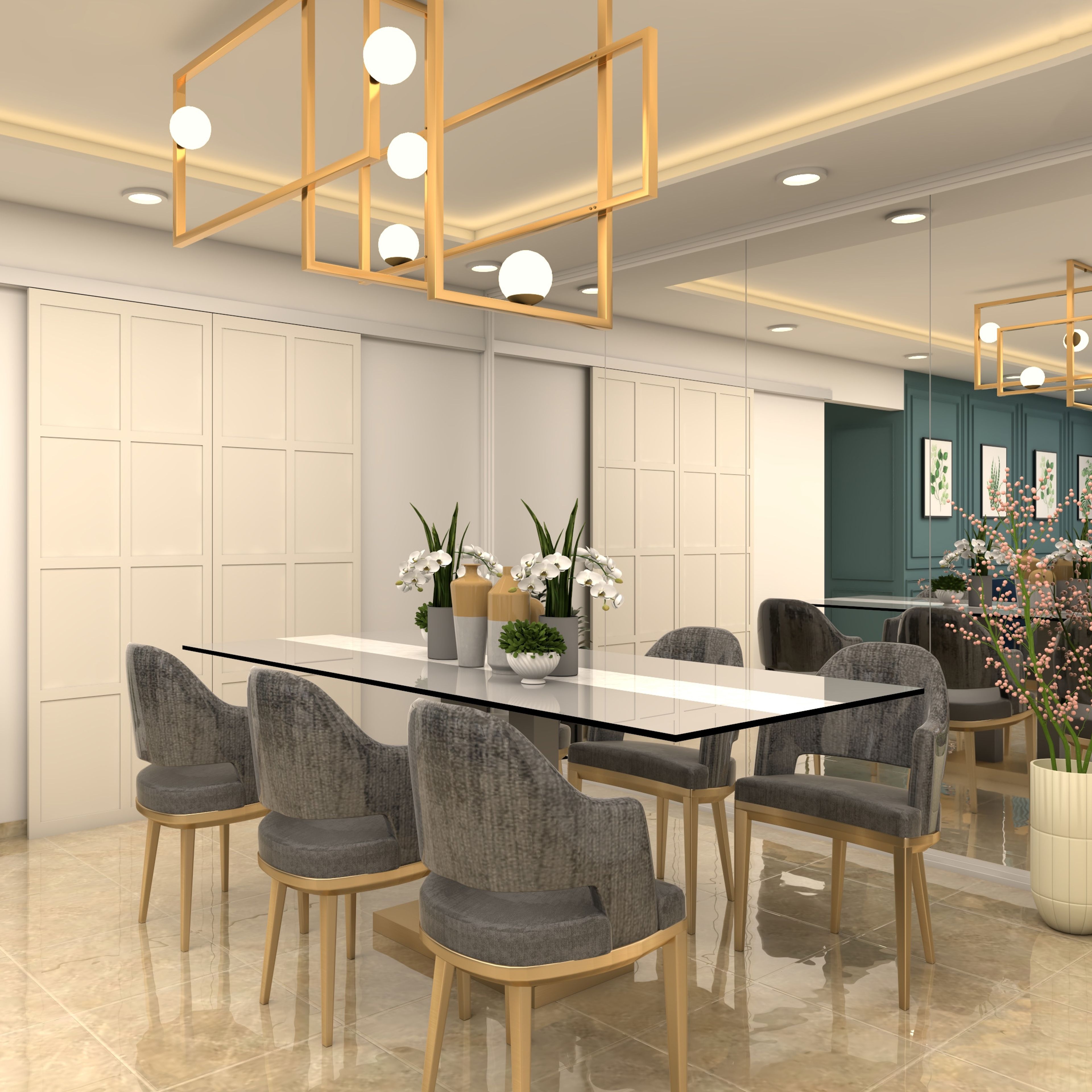 Contemporary 6-Seater Dining Room Design With Full-Wall Mirror