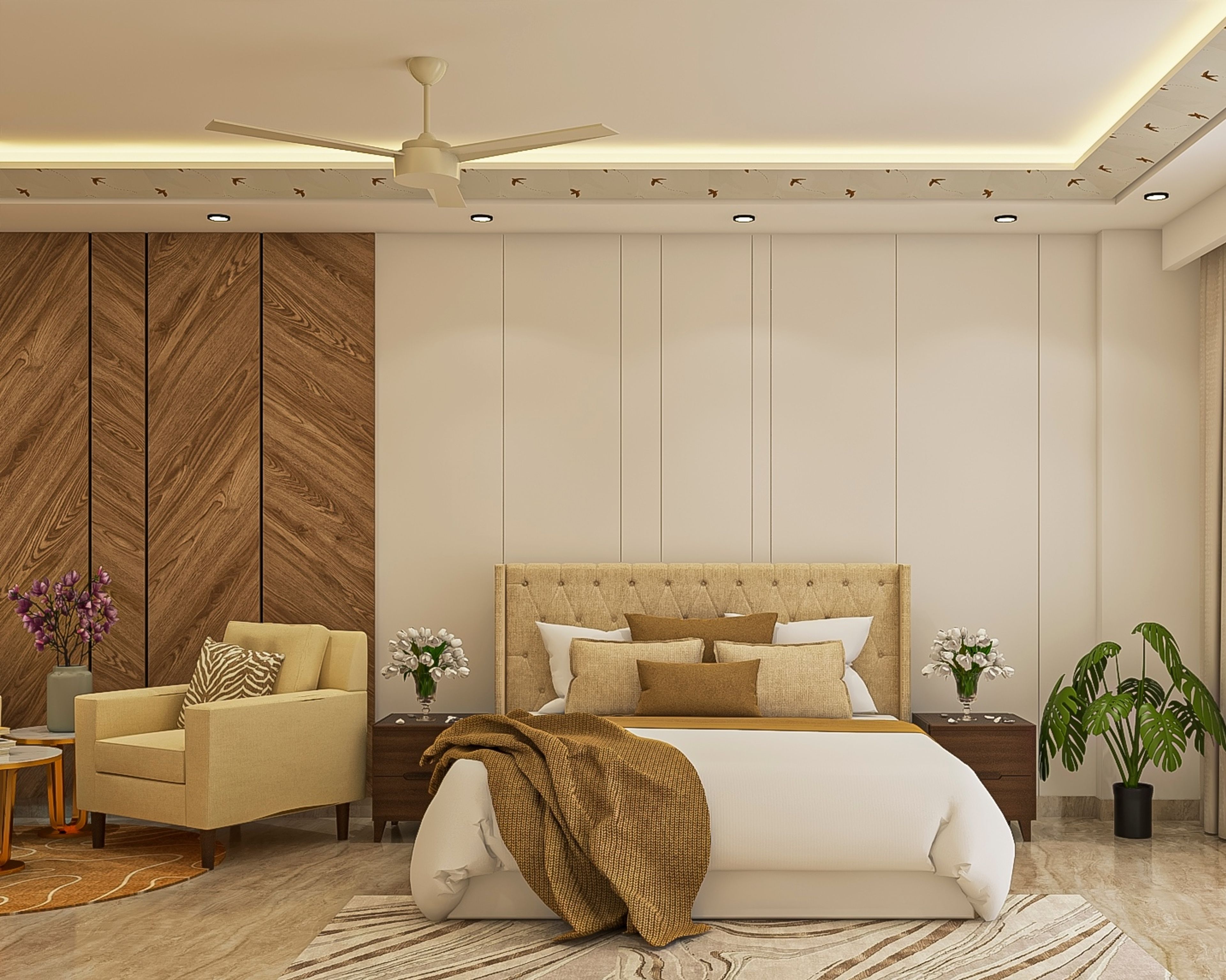 Rectangular Peripheral False Ceiling With Cove And Recessed Lights - Livspace