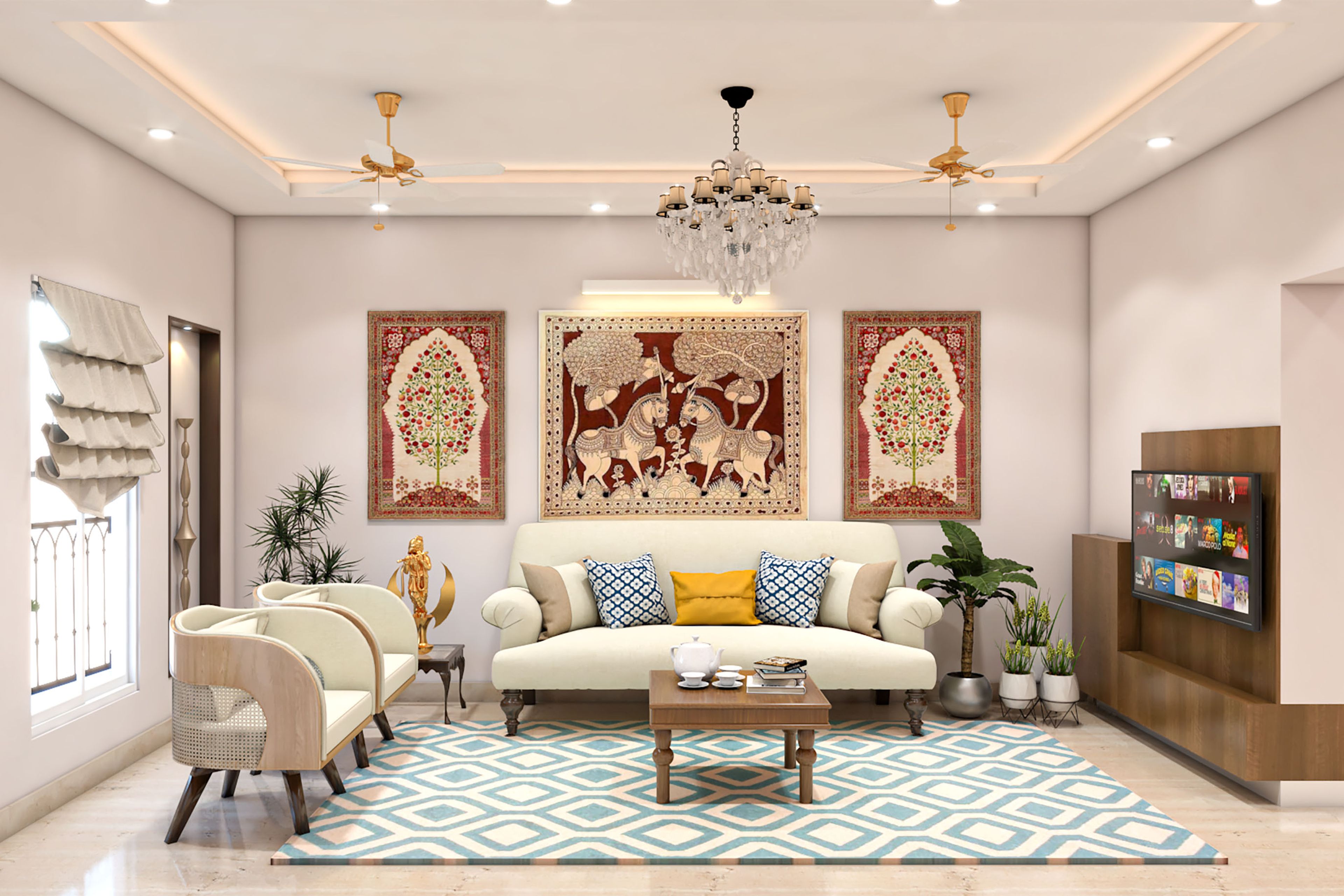 10X7 Ft POP Rectangular Ceiling Design With Chandelier - Livspace