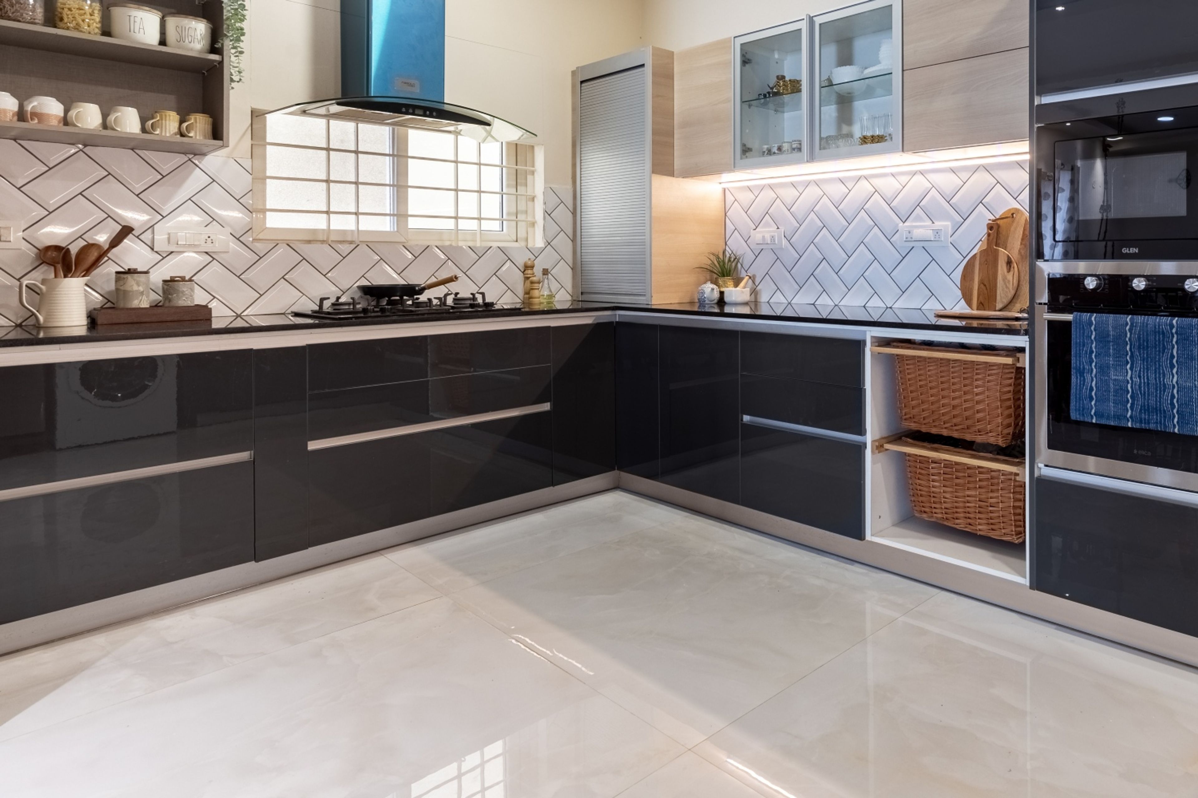 Rectangular Cream-Coloured Flooring Design For Kitchens - Livspace