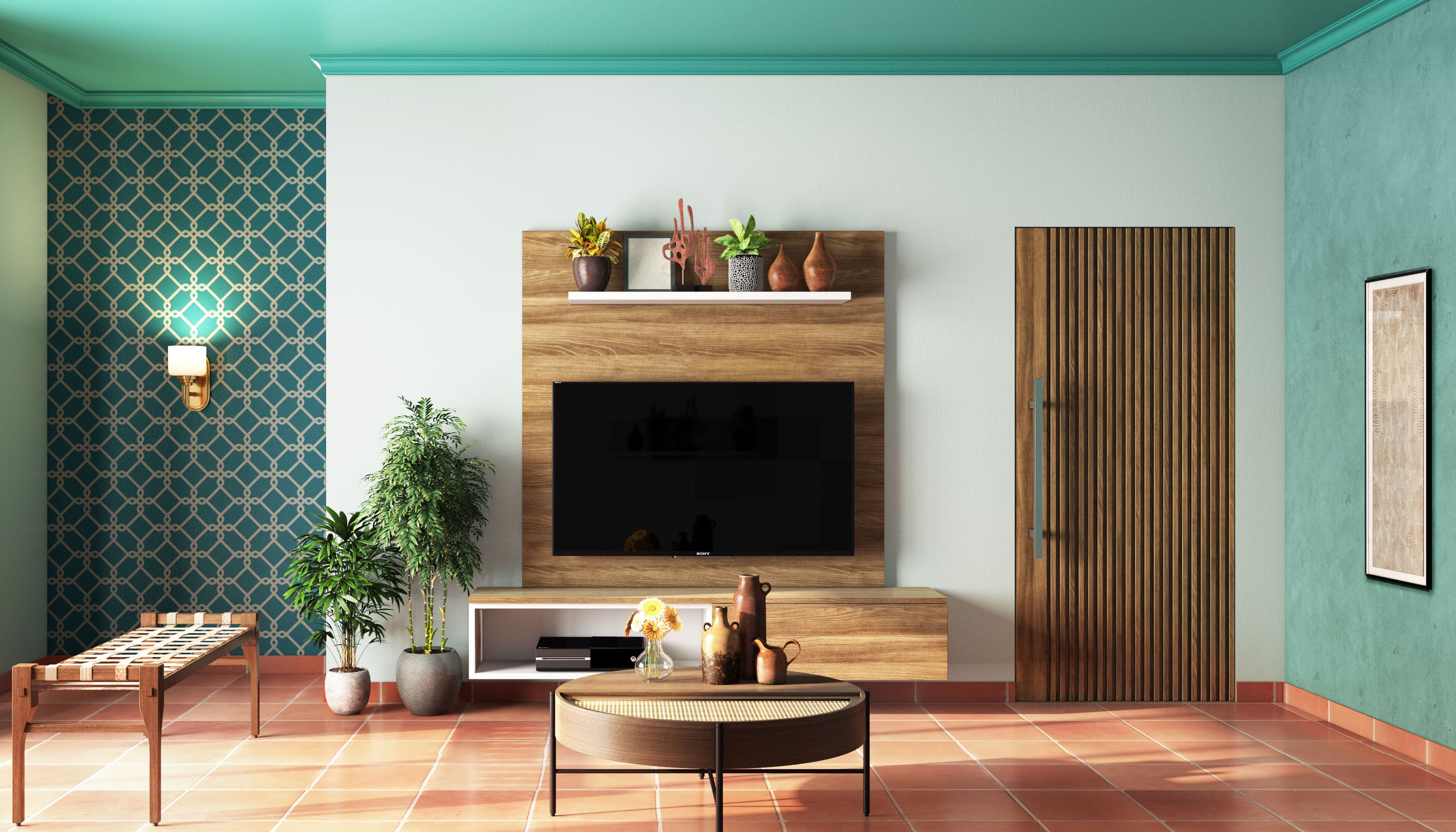 Red Vintage Square Flooring Design - Livspace