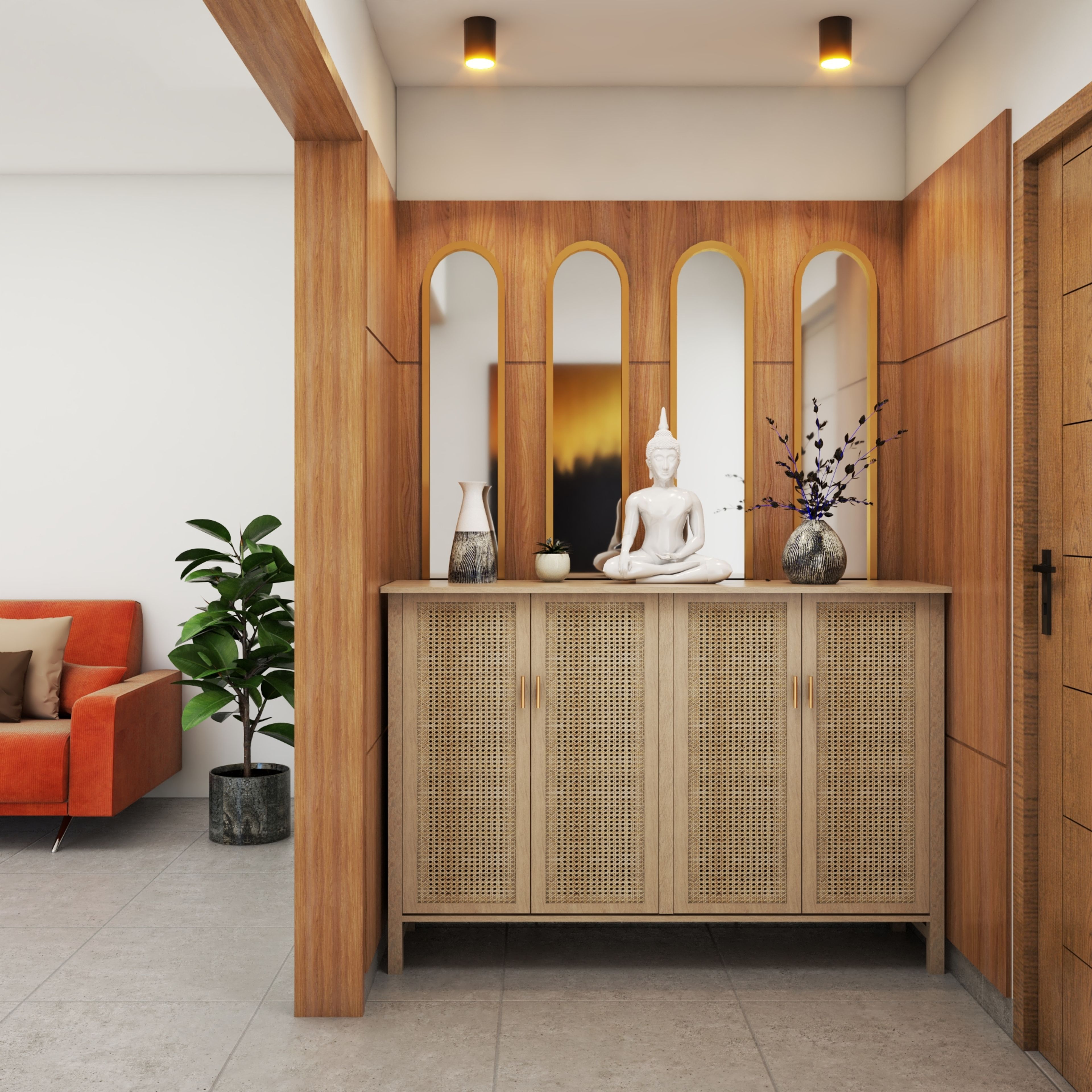 Contemporary Foyer Design With Acacia Unit And Arched Mirrors