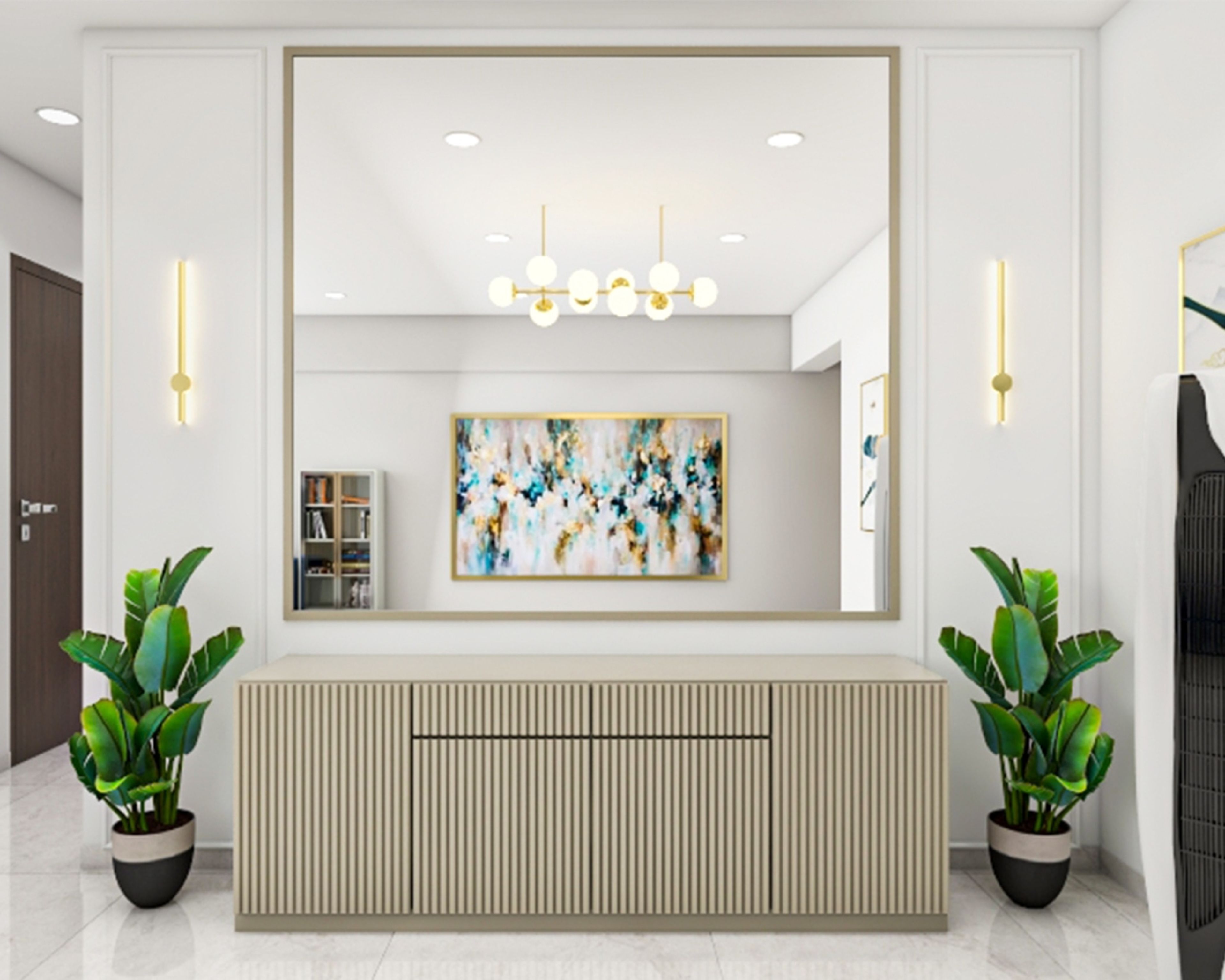 Contemporary Beige Foyer Design With Large Mirror And Storage