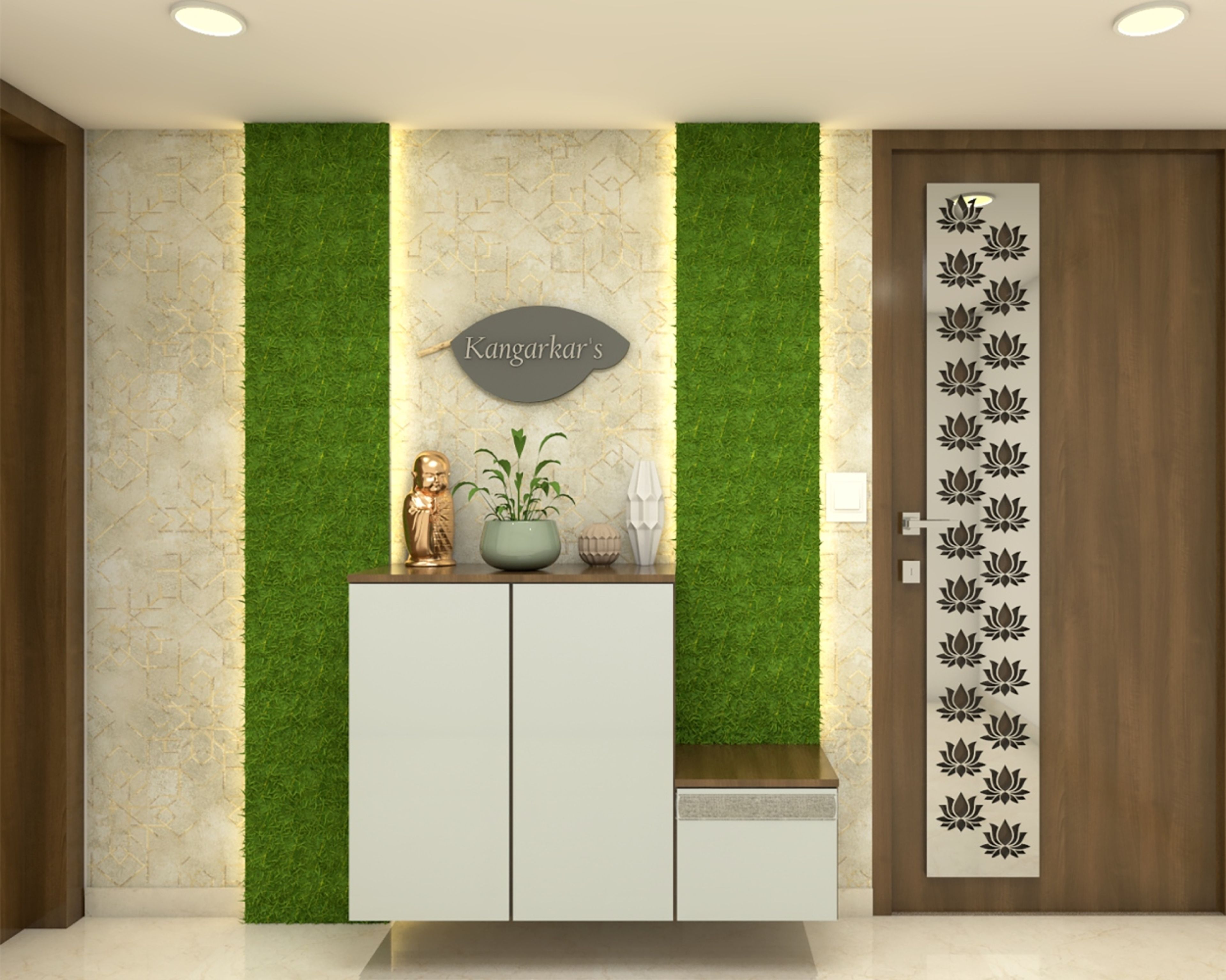 Modern Foyer Design With Two-Tiered White Storage And Grass Wall Panels