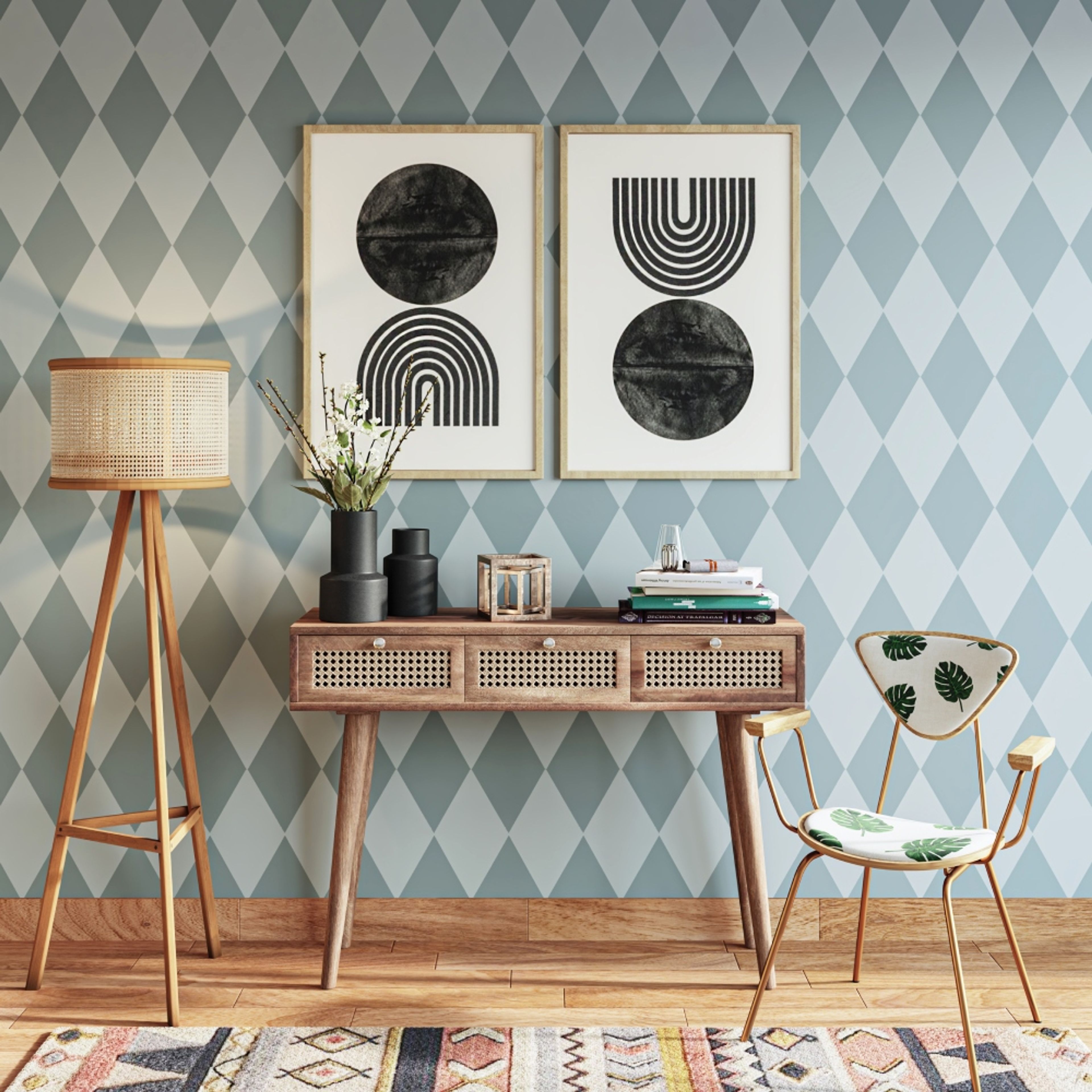 9x9 Ft Scandinavian Foyer Design With Wooden Console Table And Diamond Patterned Wallpaper - Livspace