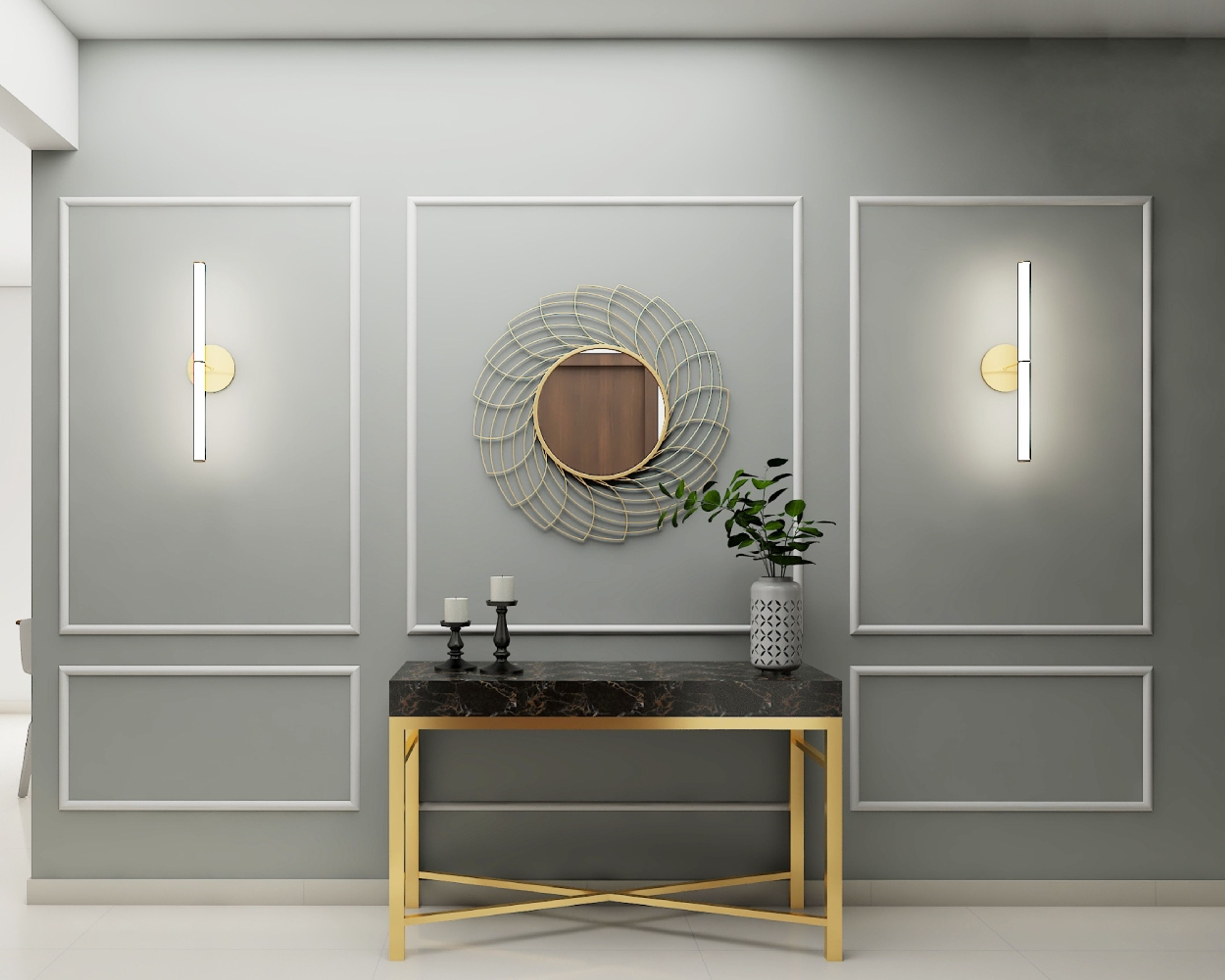 10x9 Ft Contemporary Foyer Design With Grey Accent Wall And Marble Console Table - Livspace