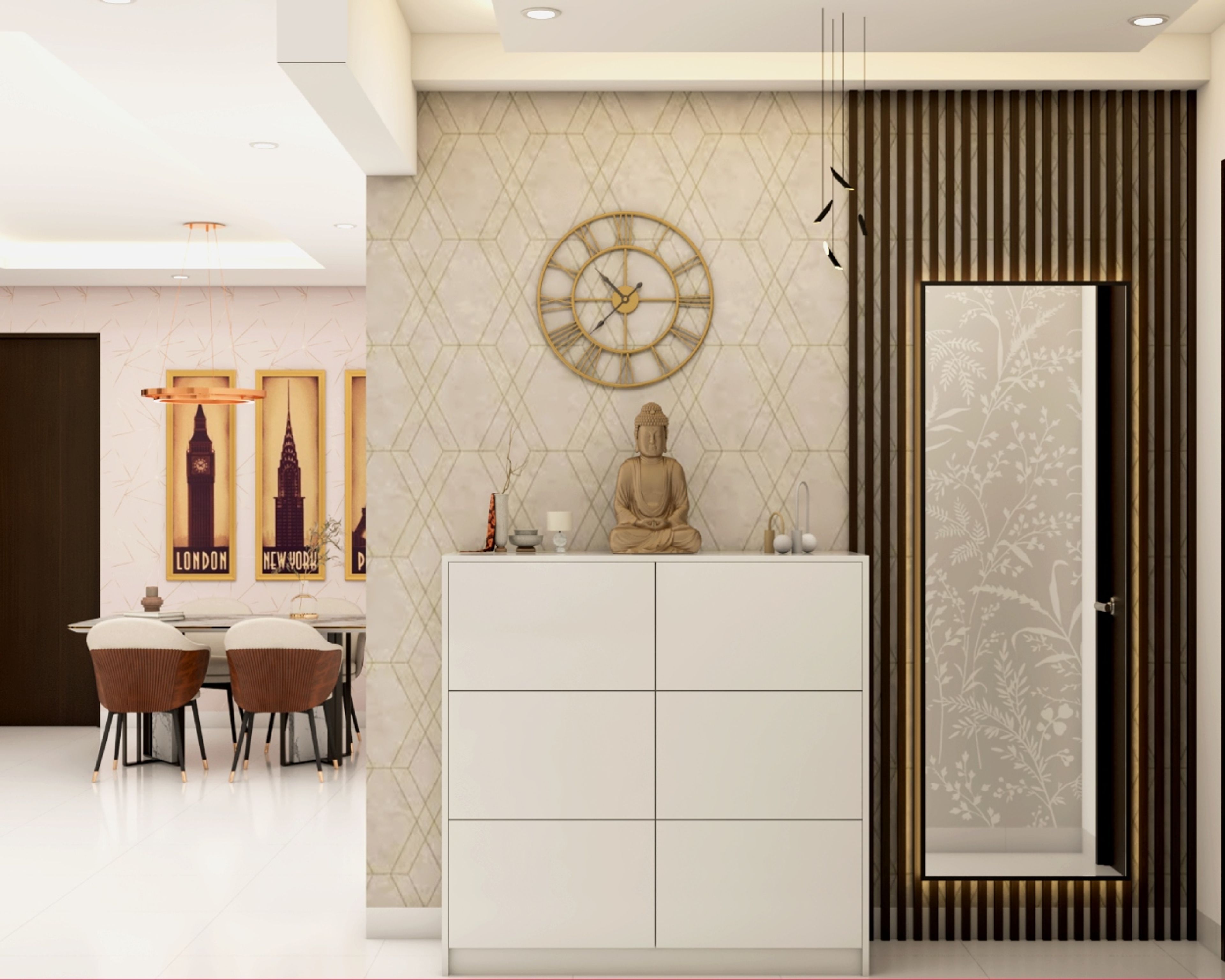 Modern Foyer Design With Frosty White Storage Unit