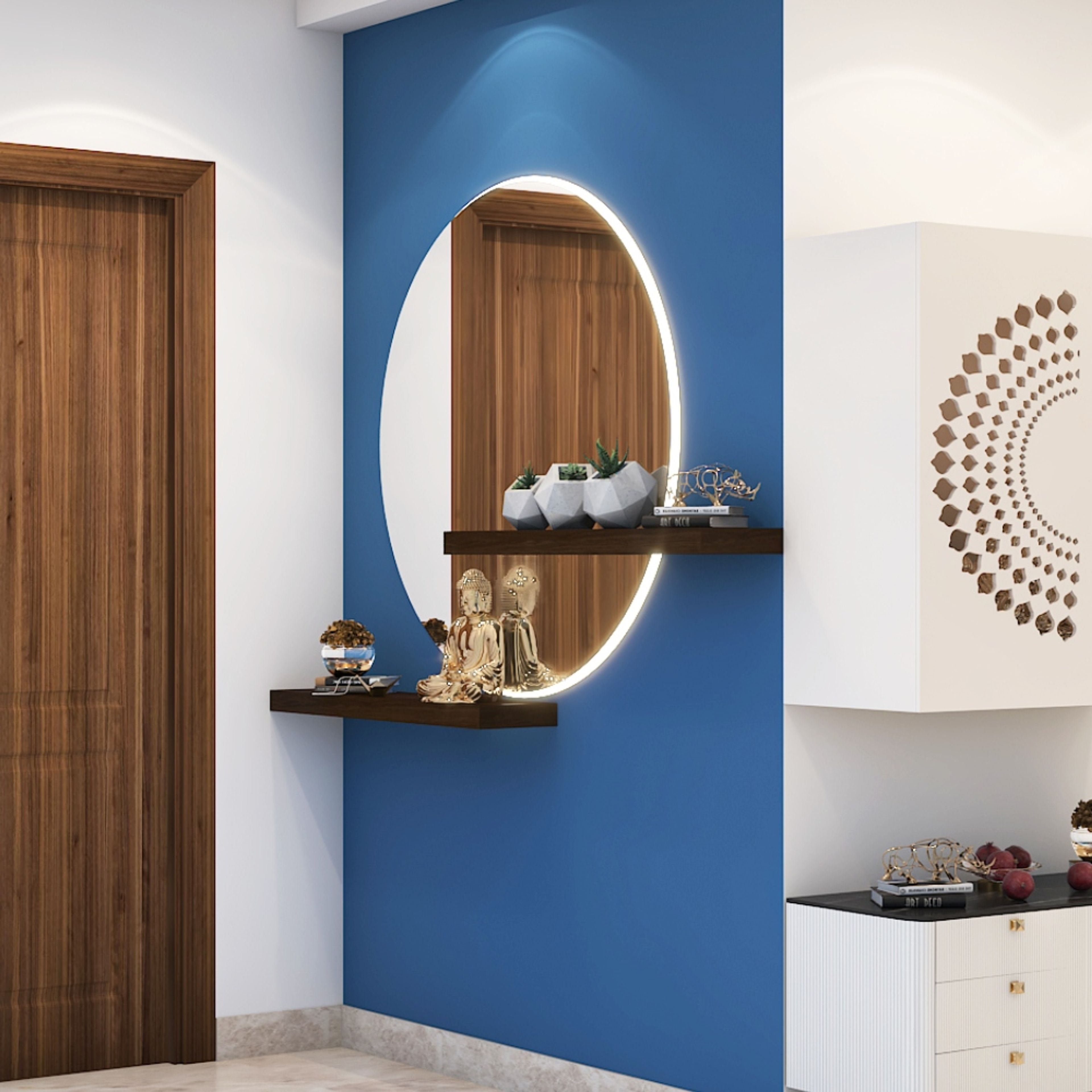 8x10 Ft Modern Foyer Design With Round Mirror And Blue Accent Wall - Livspace
