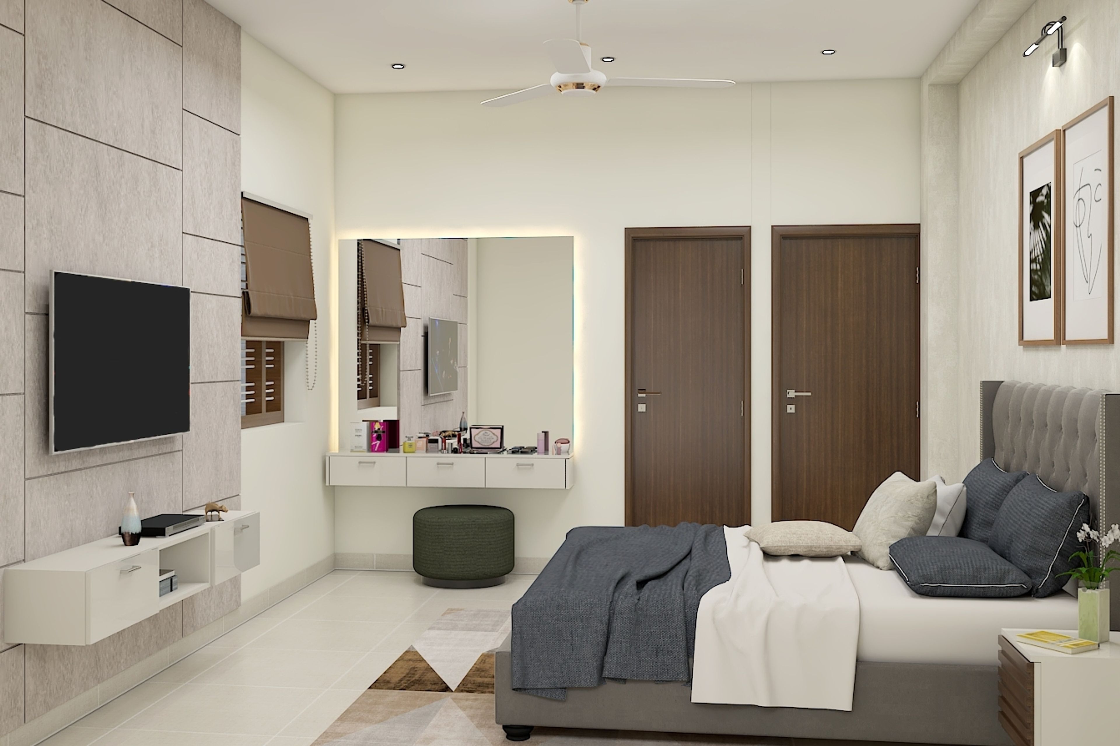 Contemporary Grey And White Guest Room Design With TV Unit