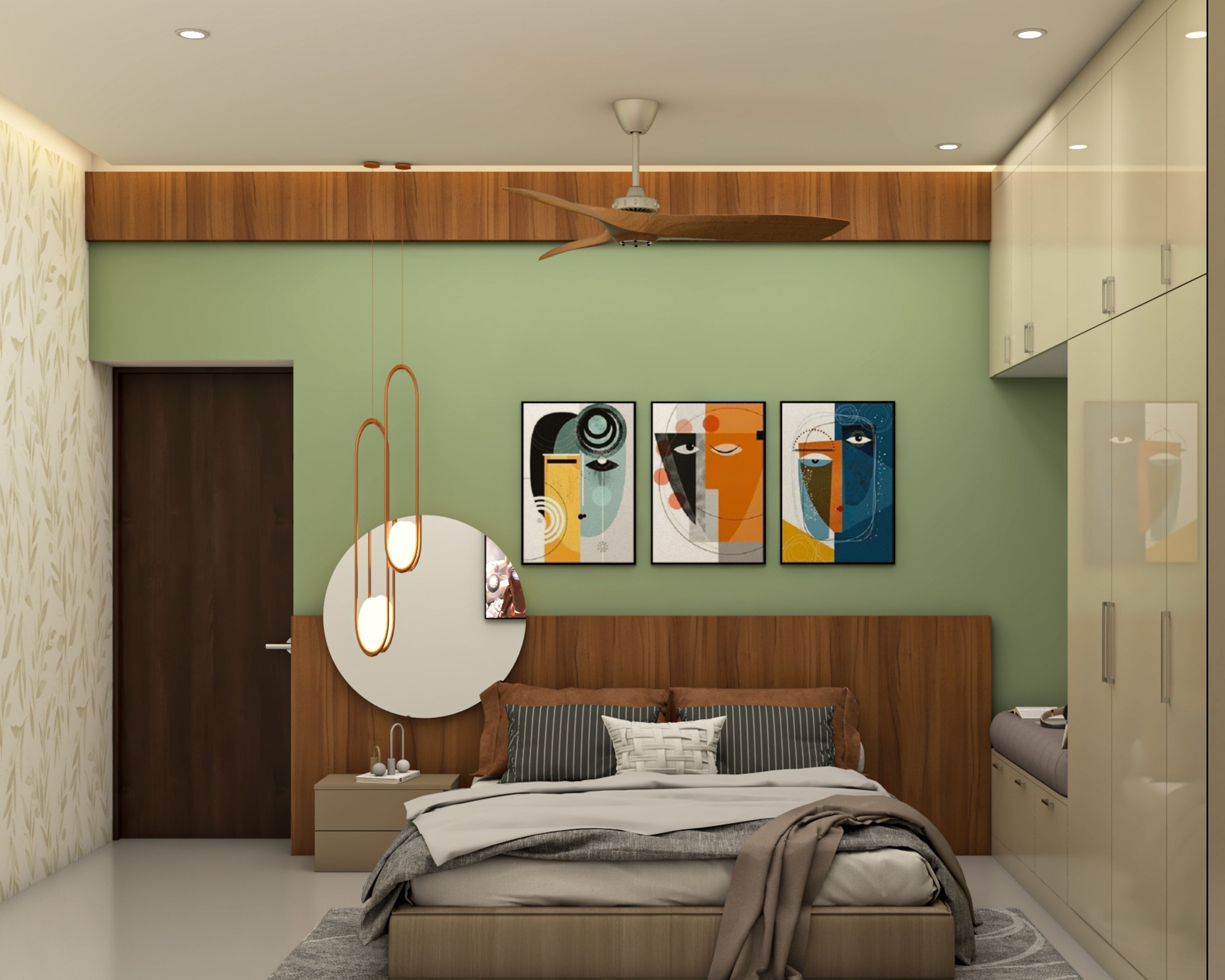 Contemporary Guest Room Design With Green Accent Wall