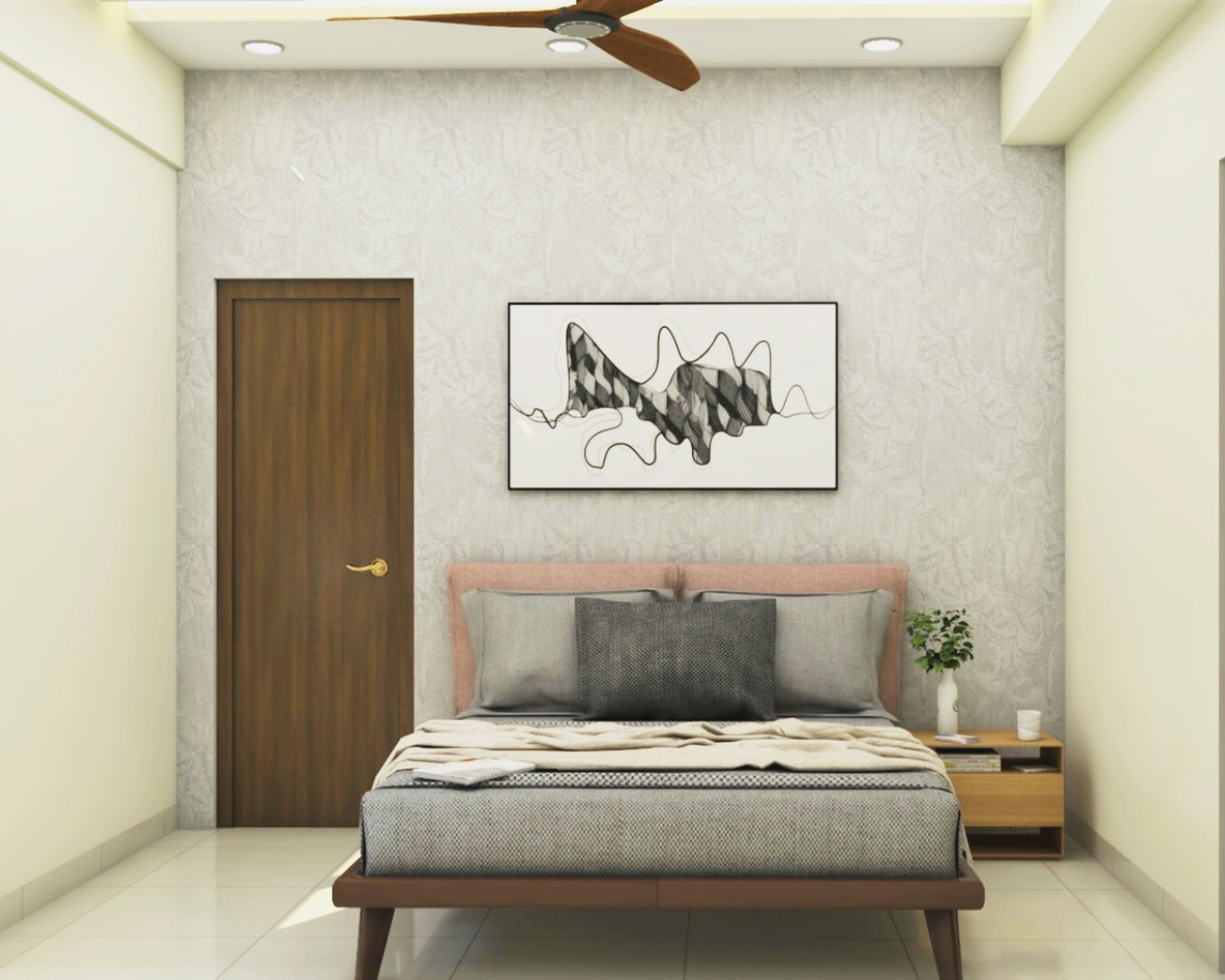 Modern Guest Room Design With A Queen Bed And Wooden Side Table