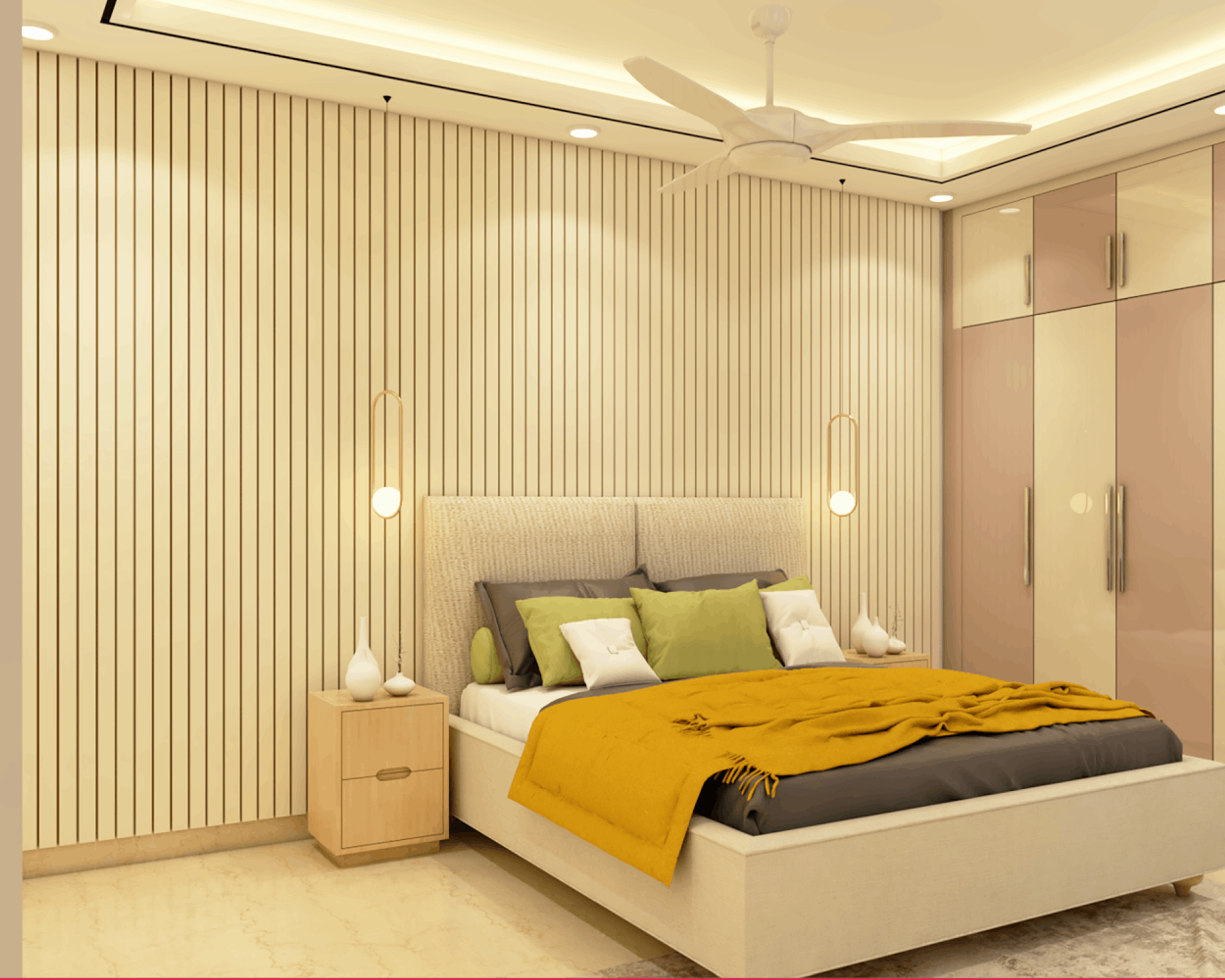 Modern Guest Room Design With A Queen Bed And Swing Wardrobe